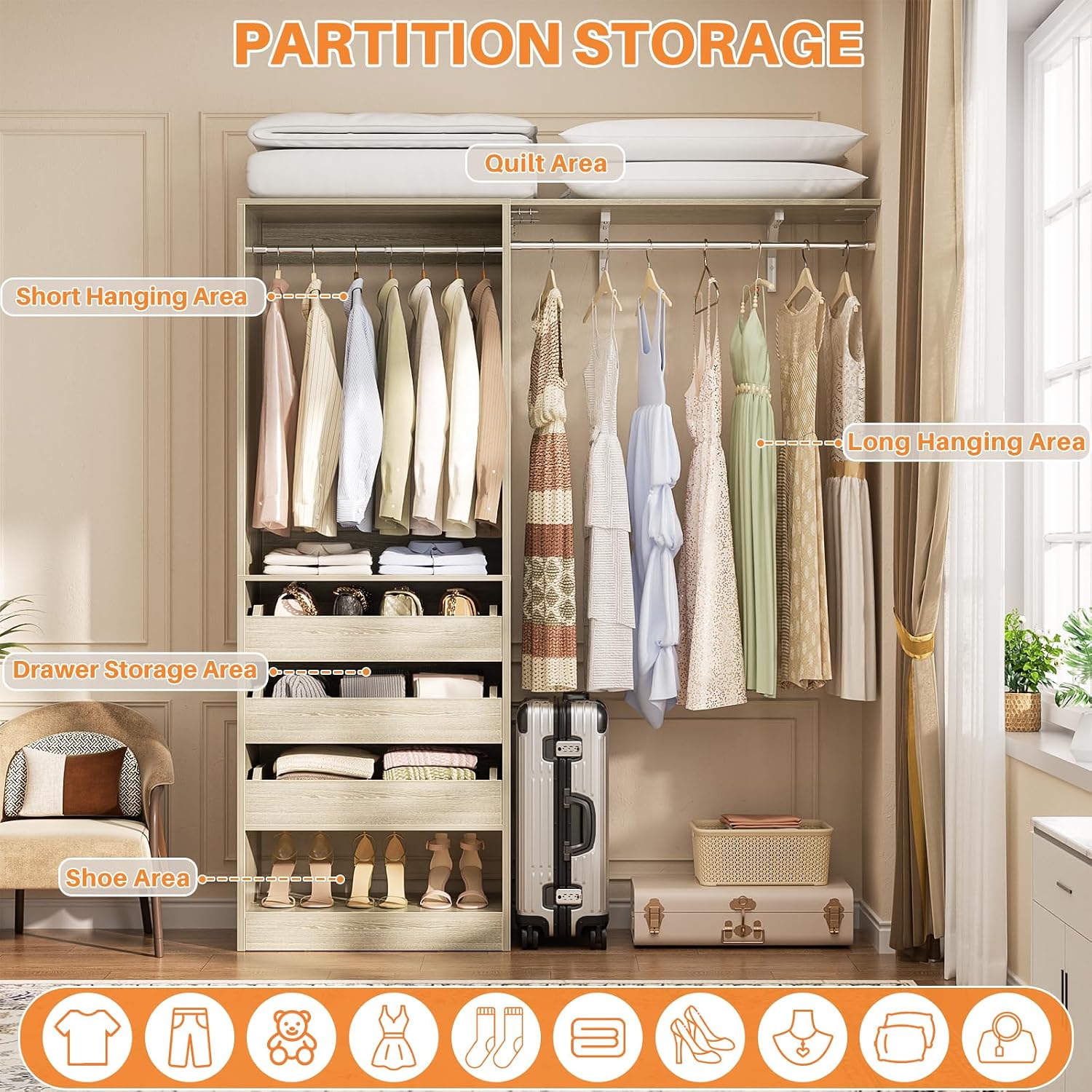 Homieasy Closet Organizer System Tower with Storage Wing Shelf, 60 Inch Adjustable Walk in Wardrobe System with 3 Drawers, 2 Hanging Clothes Rods, Reversible Heavy Duty Garment Rack, White Oak