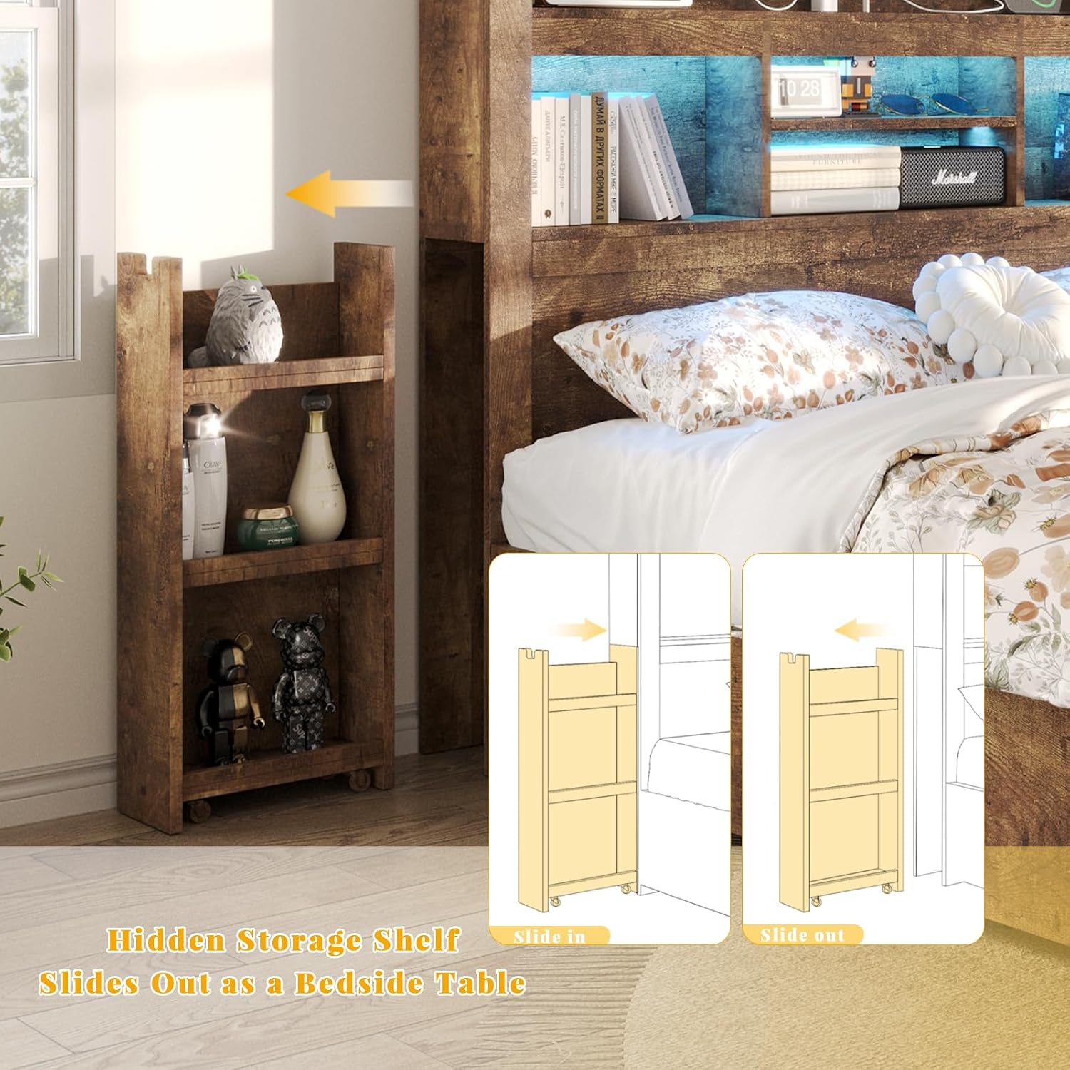 LUXOAK Full Bed Frame with 49.6' Bookcase Headboard & 2 Bedside Stoage Racks & 4 Drawers, Farmhouse Wood Bed Frame with RGB LED & Charging Station, No Box Spring Needed, Rustic Brown