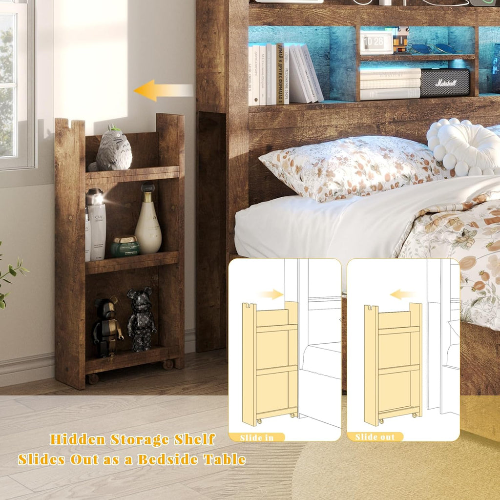 LUXOAK King Bed Frame with 49.6' Bookcase Headboard & 2 Bedside Stoage Racks & 4 Drawers, Farmhouse Wood Bed Frame with RGB LED & Charging Station, No Box Spring Needed, Rustic Brown