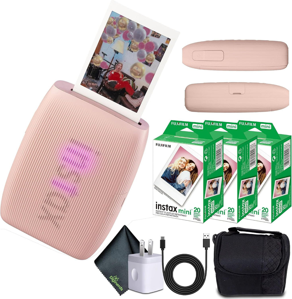 Fujifilm INSTAX MINI Link 3 Smartphone Printer (Rose Pink) + Travel Bag Small + 3X INSTAX MINI Instant Film (60 Sheets) + USB Power Charging Adapter + Diginerds Microfiber Cleaning Cloth