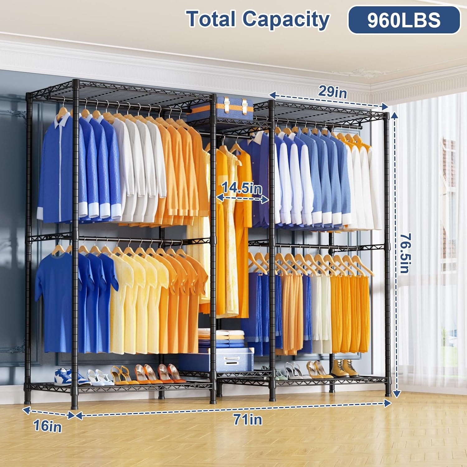 Ulif E10 and E12 Clothes Rack（With Stretchable Hanger Rod）, Heavy Duty Freestanding Garment Rack with Shelves，Metal Clothing Closet Storage System for Hanging Clothes