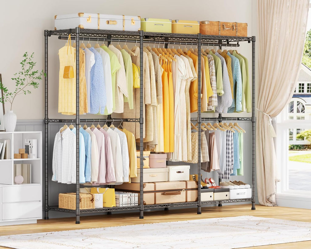 ULIFHOME E14 Pro Heavy Duty Clothes Rack，Freestanding Clothing Racks for Hanging Clothes，Adjustable Closet Organizers and Storage，Metal Garment Rack with Shelves 69'W x16'D x77'H，Max Load 960LBS，Grey