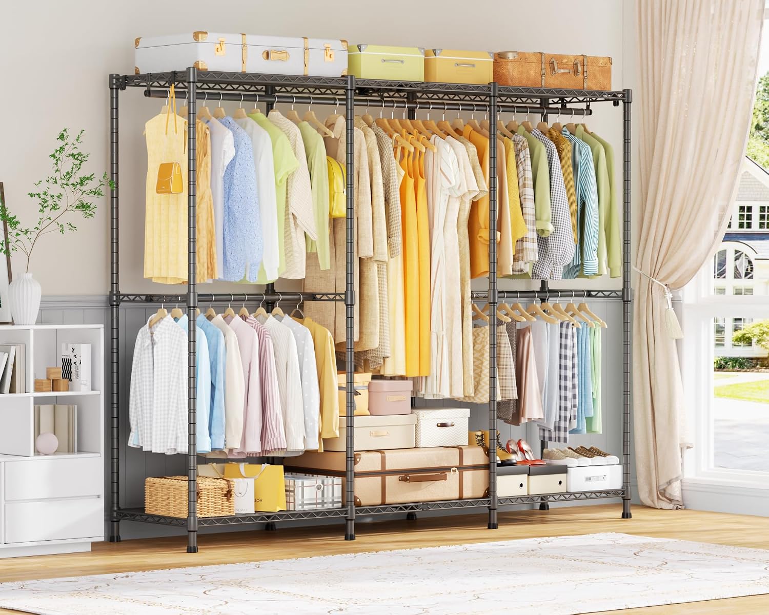 ULIFHOME E14 Pro Heavy Duty Clothes Rack，Freestanding Clothing Racks for Hanging Clothes，Adjustable Closet Organizers and Storage，Metal Garment Rack with Shelves 69'W x16'D x77'H，Max Load 960LBS，Grey