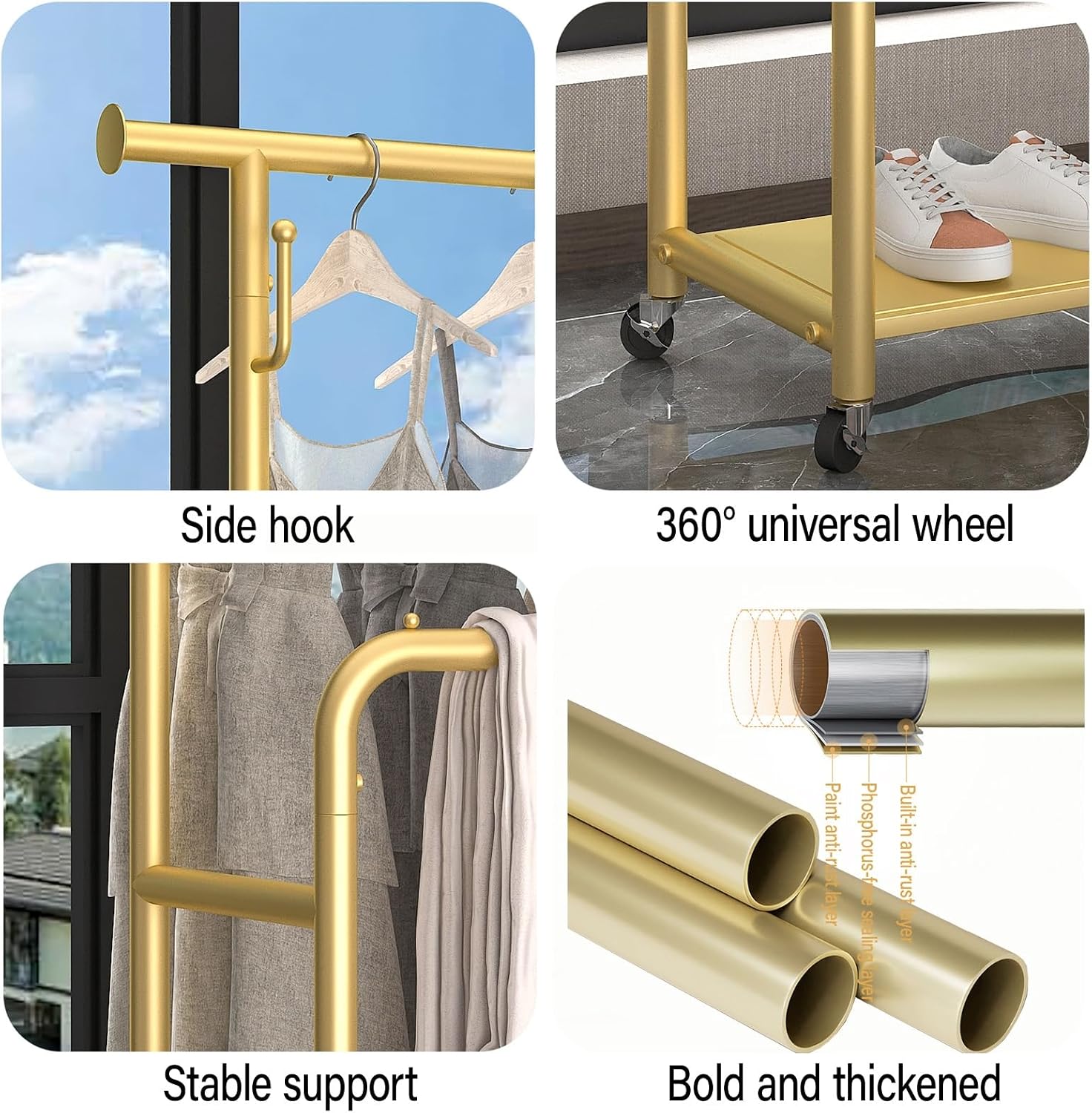 Double Rods Clothes Rack with Wheels,Heavy Duty Garment Racks for Hanging Clothes,Metal Portable Clothing Rack,Sturdy Coat Rack for Bedroom(Gold,80cm/31.5in)