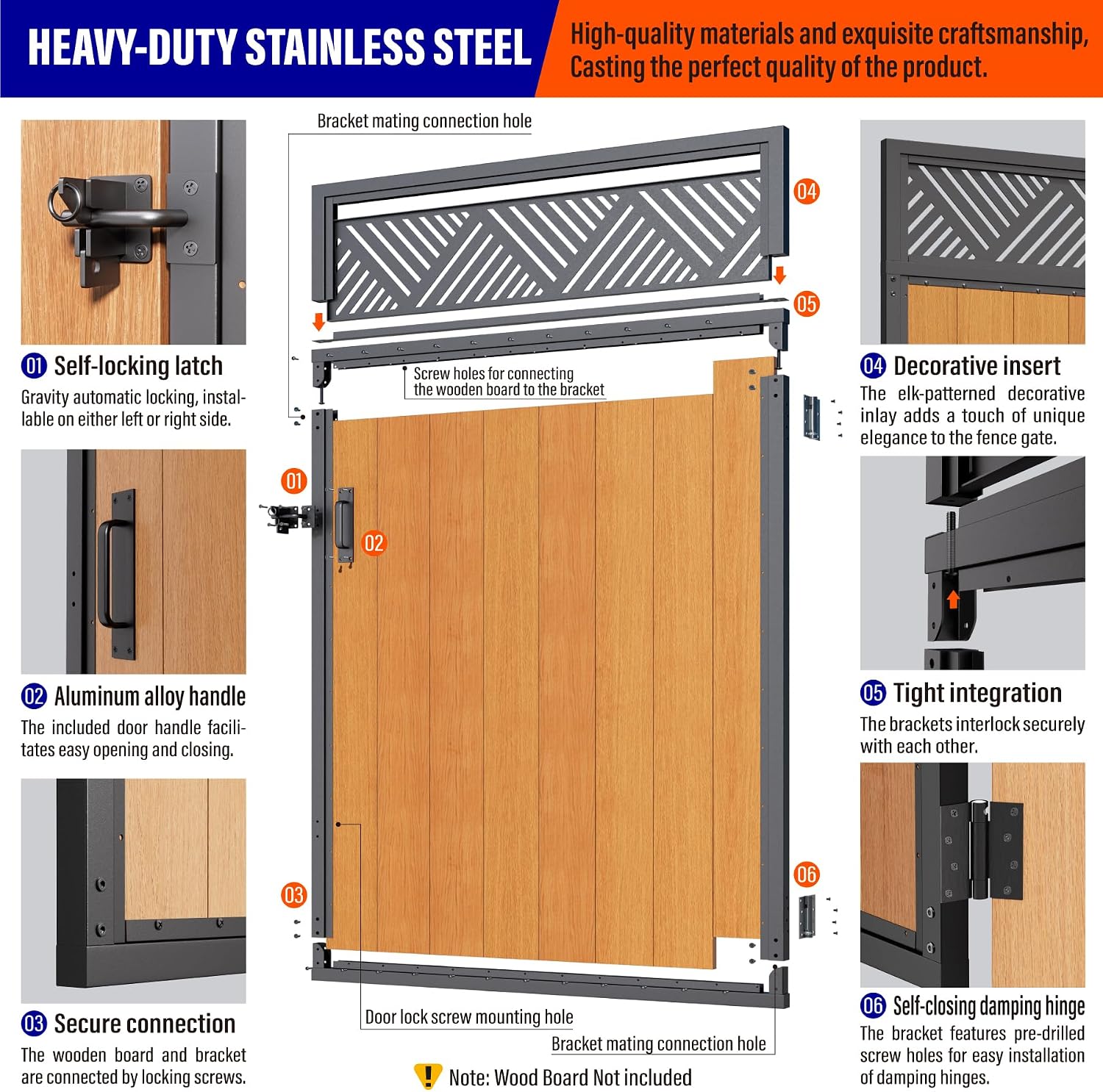 4x6FT (46.78'W X 70.8'H) 201 Stainless Steel Anti Sag Wooden Fence Gate Kit Heavy Duty Garden Gate Frame Hardware Kit Reinforcement (Left/Right Free-Installation)