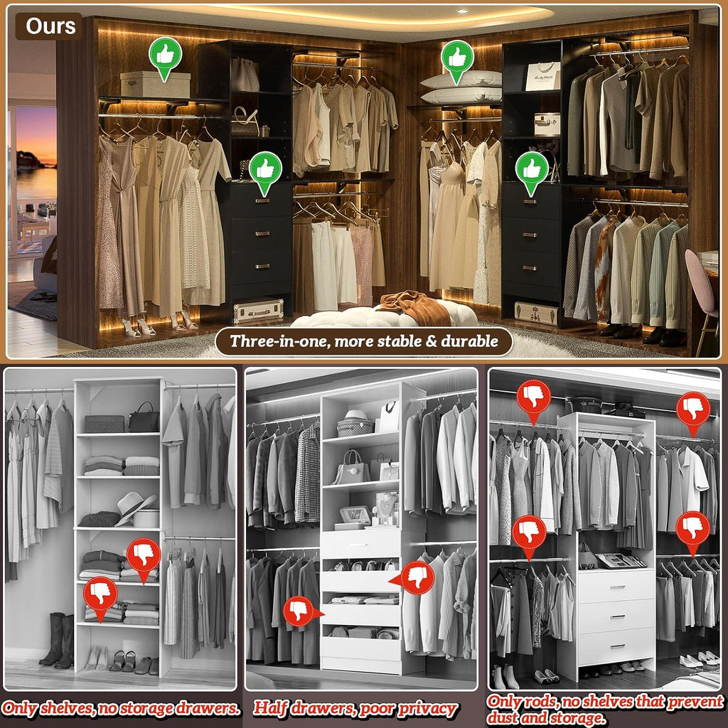 iSunirm 8FT Closet System, 96'' Closet Organizer System with 3 Hanging Rods, Wall Mount Bedroom Wardrobe with 3 Drawers Walk-in Closet, Adjustable Cloth Garment Rack from 5 to 8FT (Cut to Fit), Black