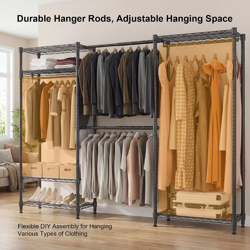 BATHWA Heavy Duty Clothes Rack Freestanding Closet for 68.9 to 90.2' Space | Expandable Clothing Storage, Adjustable 6 Shelves, 4 Hanging Rods, Massive Capacity 870 lbs, Black Metal Wardrobe