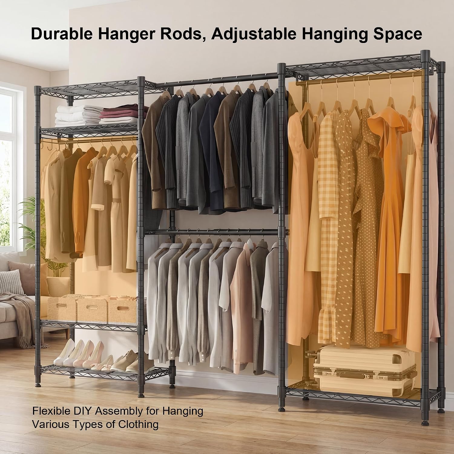BATHWA Heavy Duty Clothes Rack Freestanding Closet for 68.9 to 90.2' Space | Expandable Clothing Storage, Adjustable 6 Shelves, 4 Hanging Rods, Massive Capacity 870 lbs, Black Metal Wardrobe