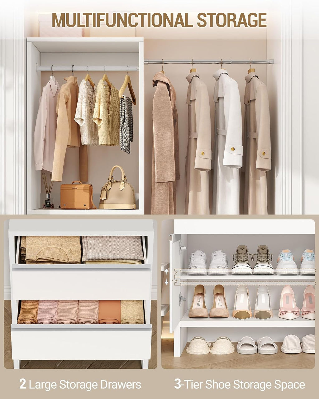 Hzuaneri Closet System with 2 Drawers, Walk-in Closet Organizer System Wooden Storage Systems with 4 Hang Rods & Shoe Cabinet, Fits Spaces 4-9.8FT, Wardrobe Clothes Rack Garment Rack, White MC00103E