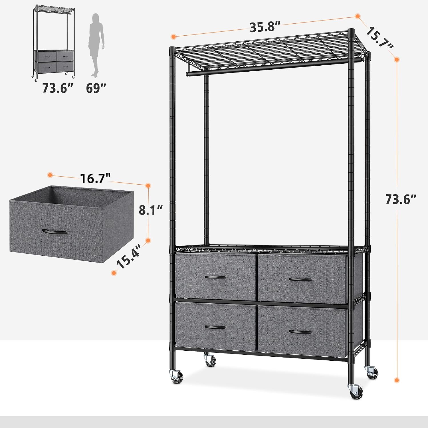 Raybee Rolling Clothes Rack for Hanging Clothes, Clothing Rack with 4 Fabric Drawers and Wheels, Portable,Adjustable,Sturdy,Black