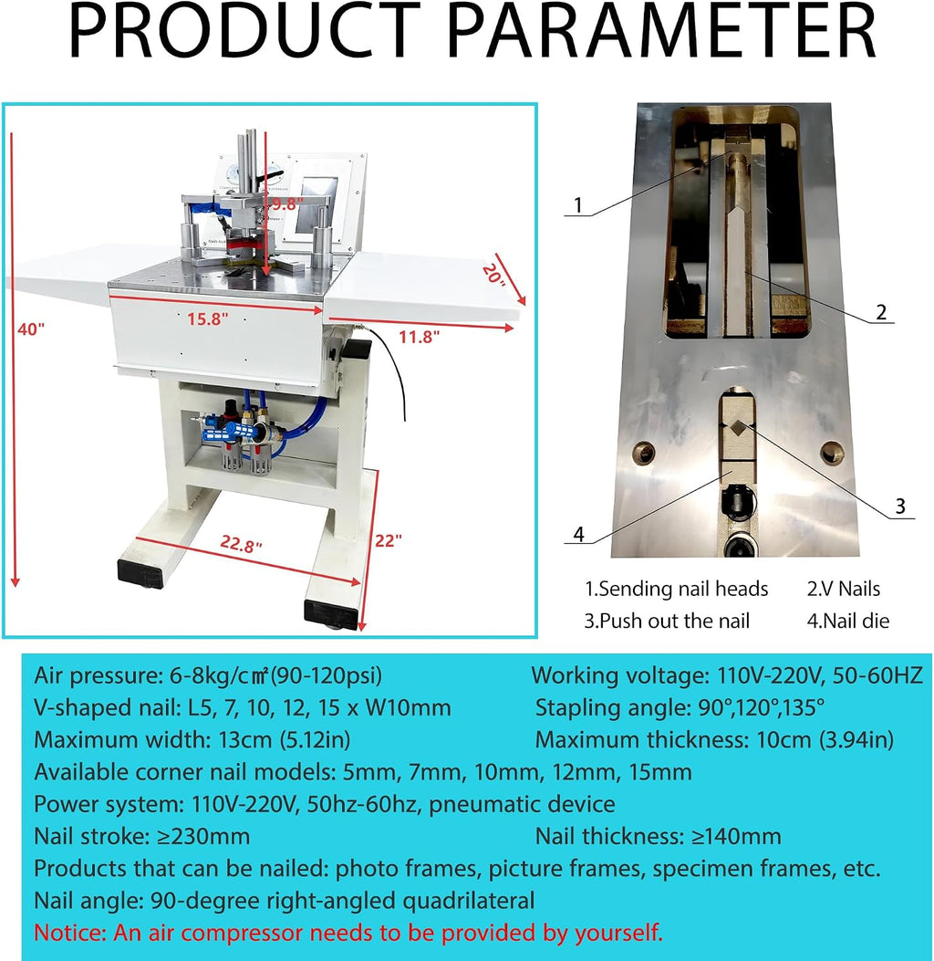 110V Intelligent CNC Picture Frame Nailer & Corner Nailing Machine, Automatic Pneumatic V-Nail Joiner with Touch Screen & 30L Air Tank for Photo Frames, MDF, Hardwood (5-15mm Corner Nails)