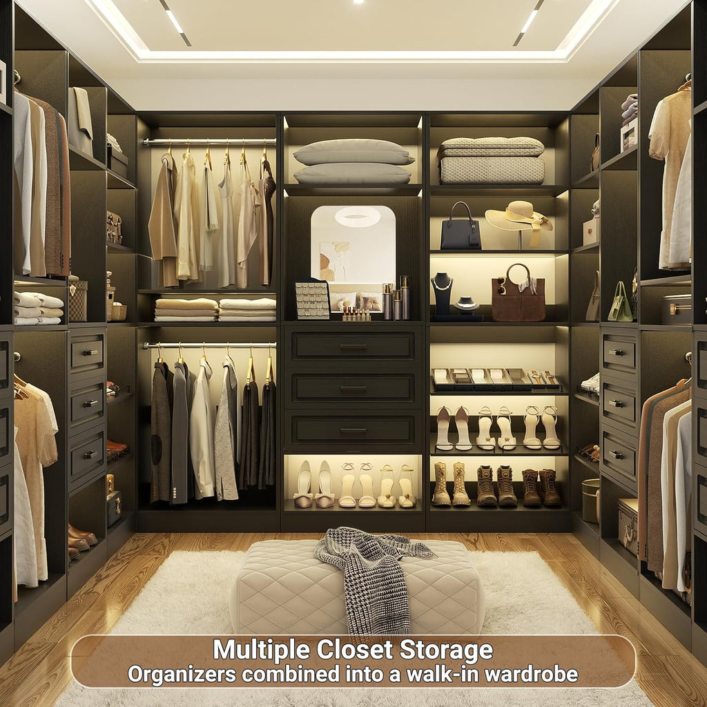 Unikito Modular Closet System with 3 Sets, 75'Closet Organizer System With Drawers, Mirror, Hanging Rods and Adjustable Shelves, Freestanding Wood Wardrobe Garment Rack, Walk in Closet Tower, Black