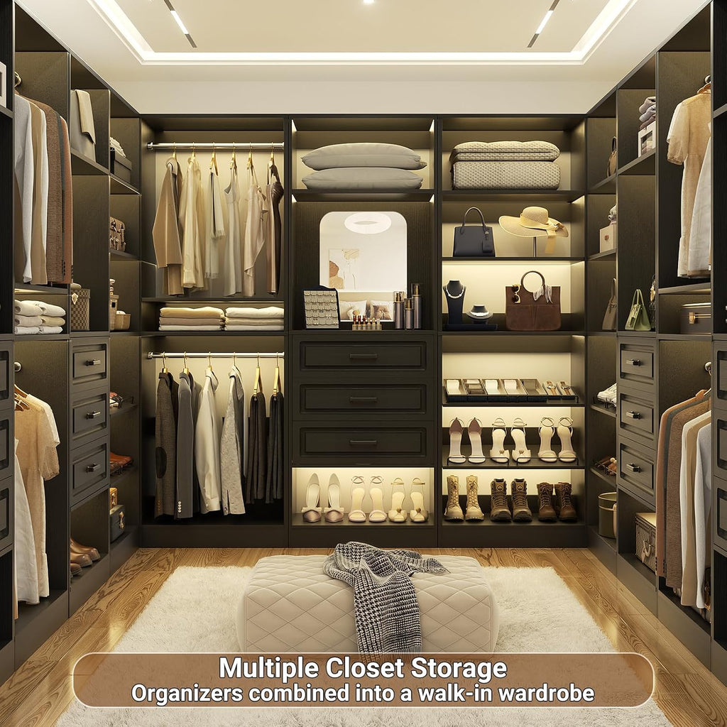 Unikito 25'Freestanding Closet System with 3 Drawers, Organizer Wardrobe with Storage Shelves and Mirror, Sturdy Wood Walk-in Organizer Systems for Small Closets, 25' W x 16' D x 80' H, Black