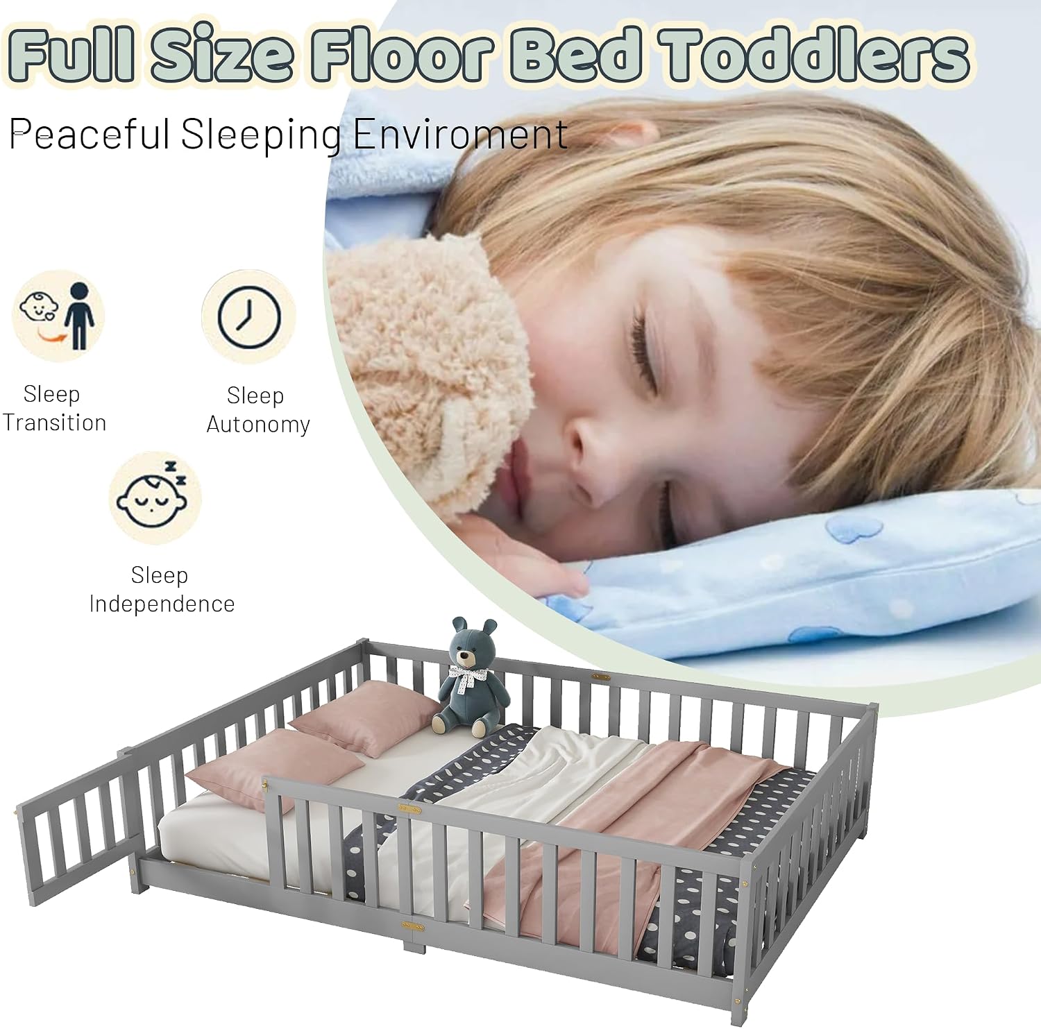 Full Floor Bed with Safety Guardrails for Kids, Rubber Wood Montessori Bed with Slats and Convertible Door,Full Size Bed Frame for Girls and Boys,No Box Spring Needed,Grey