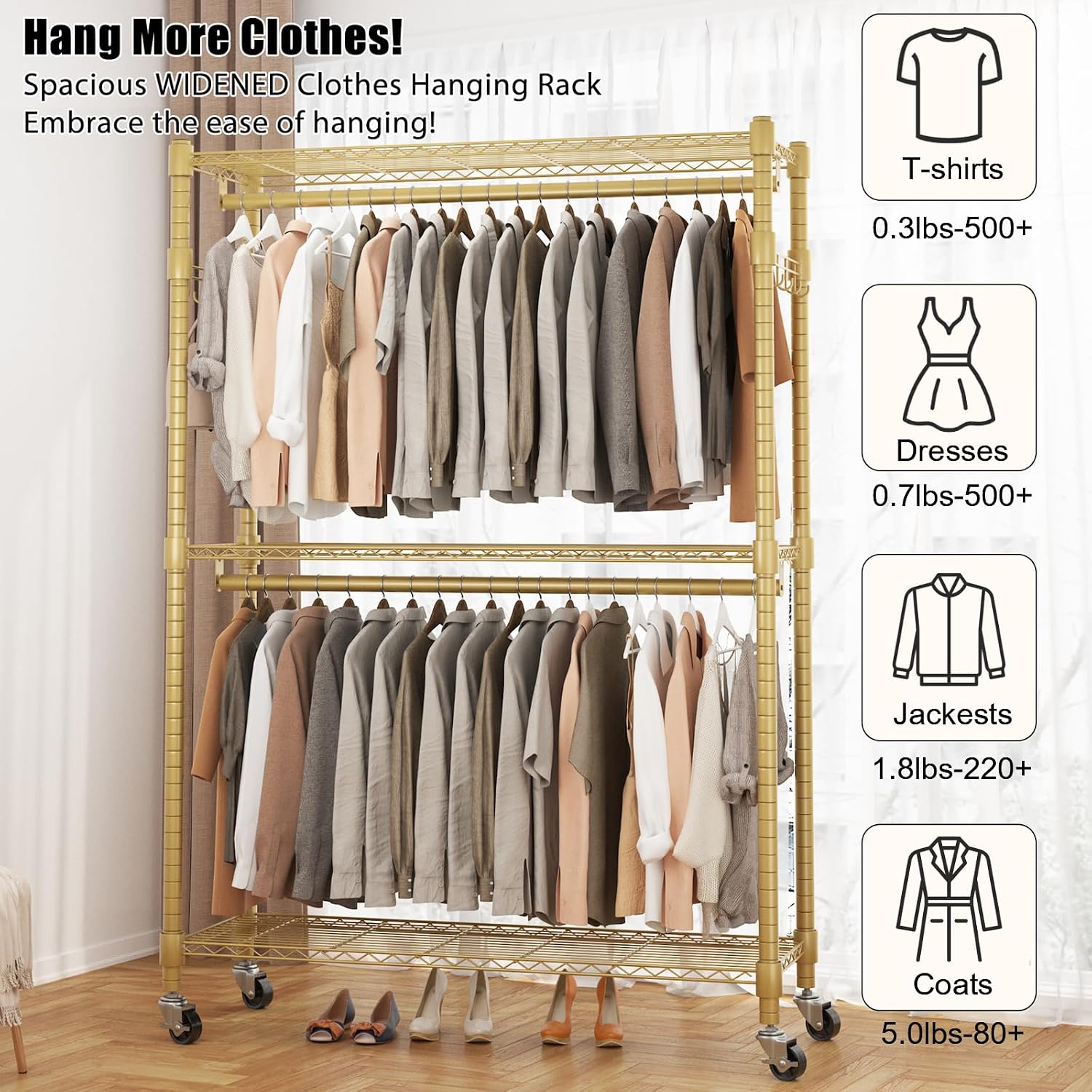 BATHWA Heavy Duty Rolling Garment Racks, 25mm Metal Pipe, 47.3'W x 17.7'D x 80.7'H Large Tall Portable Wardrobe Closet with 2 Rods, Wide Adjustable Shelves and Hangers, Clothing Hanging Storage, Gold