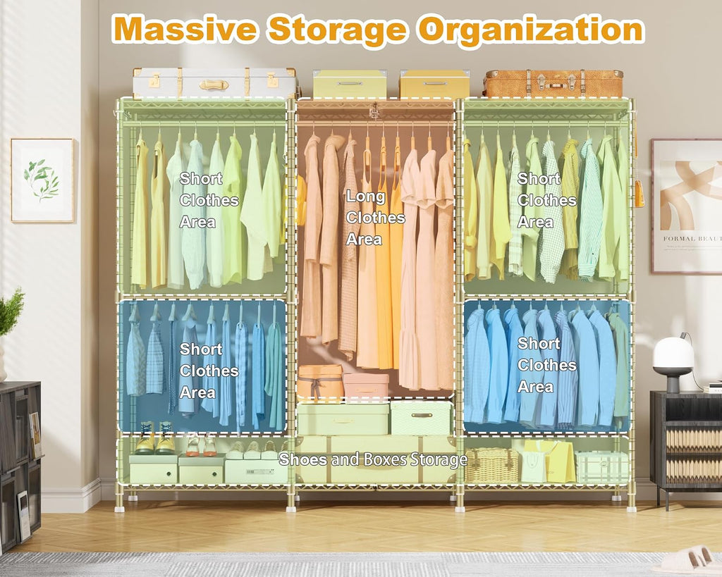 ULIFHOME E14 Pro Heavy Duty Clothes Rack，Freestanding Clothing Racks for Hanging Clothes，Adjustable Closet Organizers and Storage，Metal Garment Rack with Shelves 69'W x16'D x77'H，Max Load 960LBS，Gold