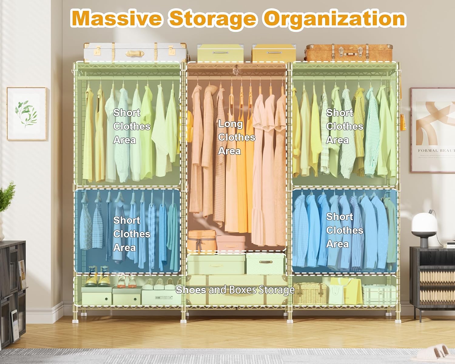 ULIFHOME E14 Pro Heavy Duty Clothes Rack，Freestanding Clothing Racks for Hanging Clothes，Adjustable Closet Organizers and Storage，Metal Garment Rack with Shelves 69'W x16'D x77'H，Max Load 960LBS，Gold