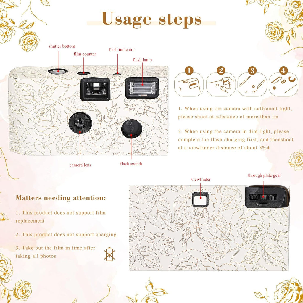 Zhengmy 10 Pack Disposable Camera Bulk for Wedding, 35mm Single Use Camera Bulk with Flash One Time for Gathering Wedding Travel(Gold Rose,Retro Color Film)