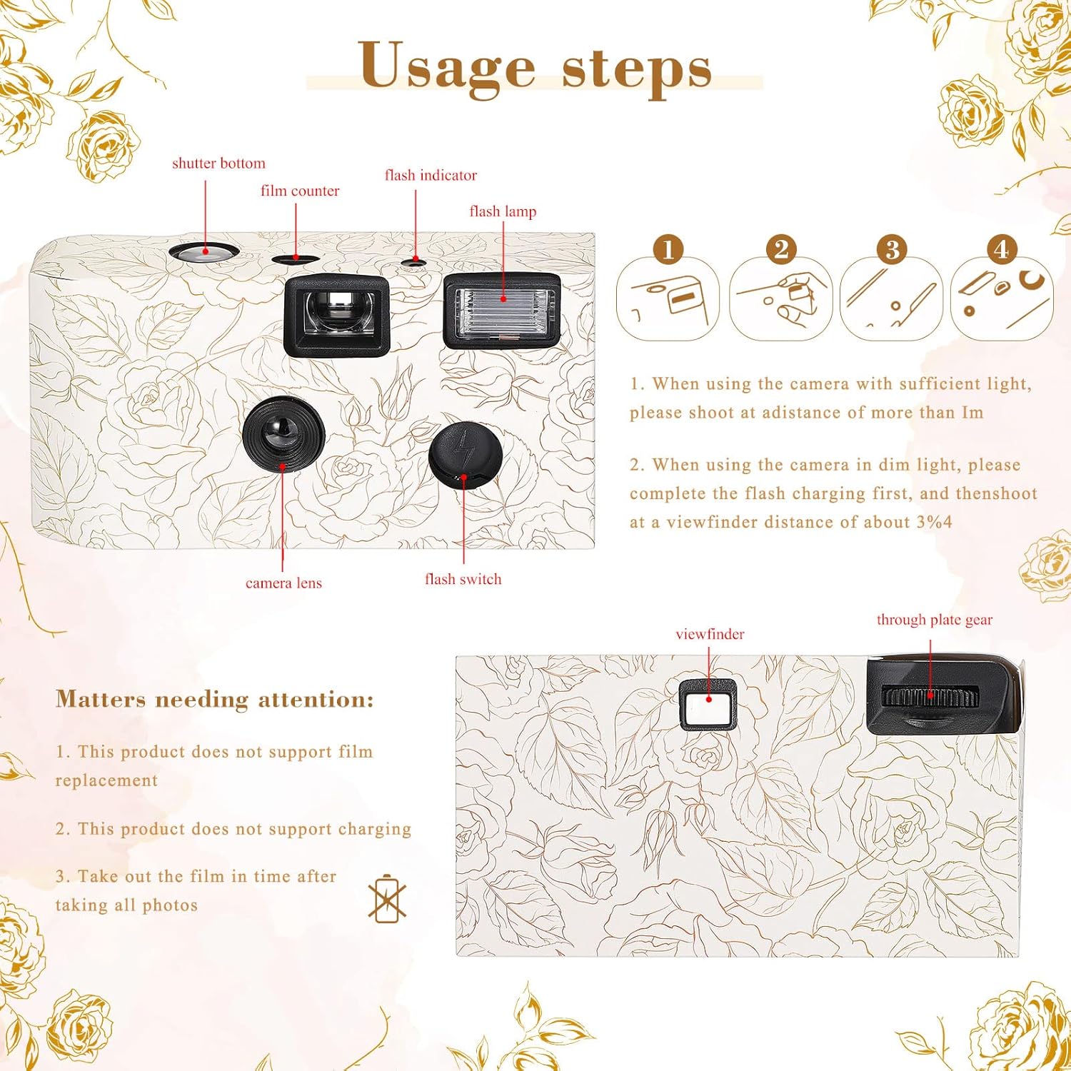 Zhengmy 10 Pack Disposable Camera Bulk for Wedding, 35mm Single Use Camera Bulk with Flash One Time for Gathering Wedding Travel(Gold Rose,Retro Color Film)