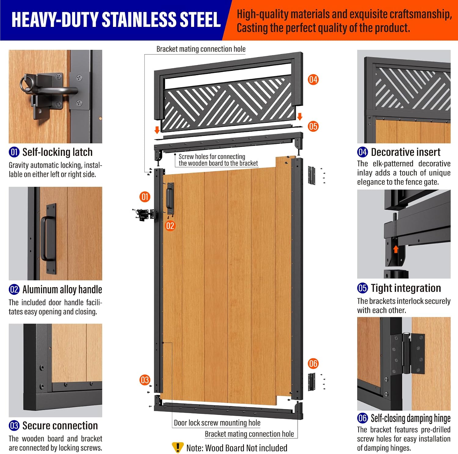 3x6FT (34.8' W X 70.8' H) 201 Stainless Steel Anti Sag Wooden Fence Gate Kit Heavy Duty Garden Gate Frame Hardware Kit Reinforcement (Left/Right Free-Installation)