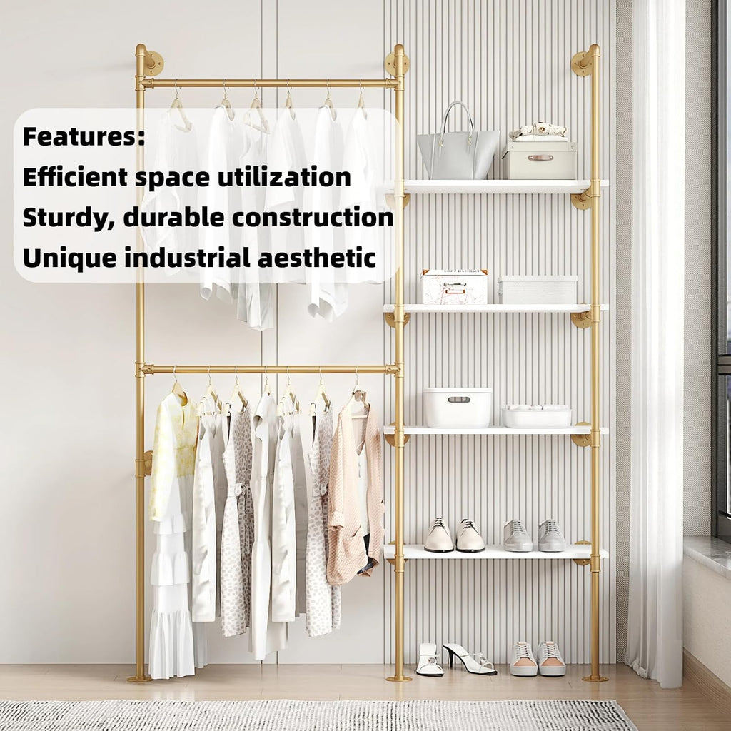 Industrial Pipe Clothing Rack, Hanging Rods Clothes Rack with Shelves, Clothes Rack for Wardrobe, Corner Closet System for Walk in Closets (Gold, II-4Tier)