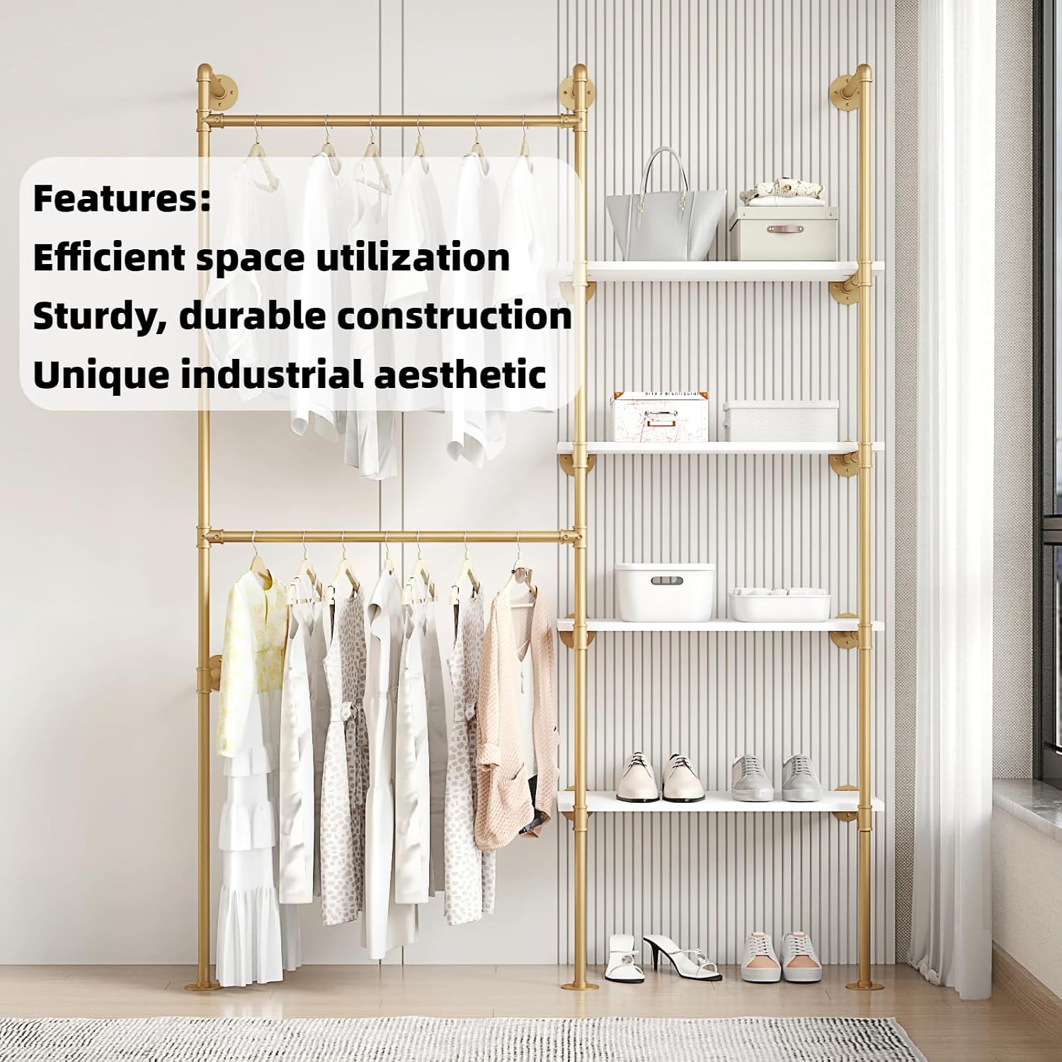 Industrial Pipe Clothing Rack, Hanging Rods Clothes Rack with Shelves, Clothes Rack for Wardrobe, Corner Closet System for Walk in Closets (Gold, II-4Tier)