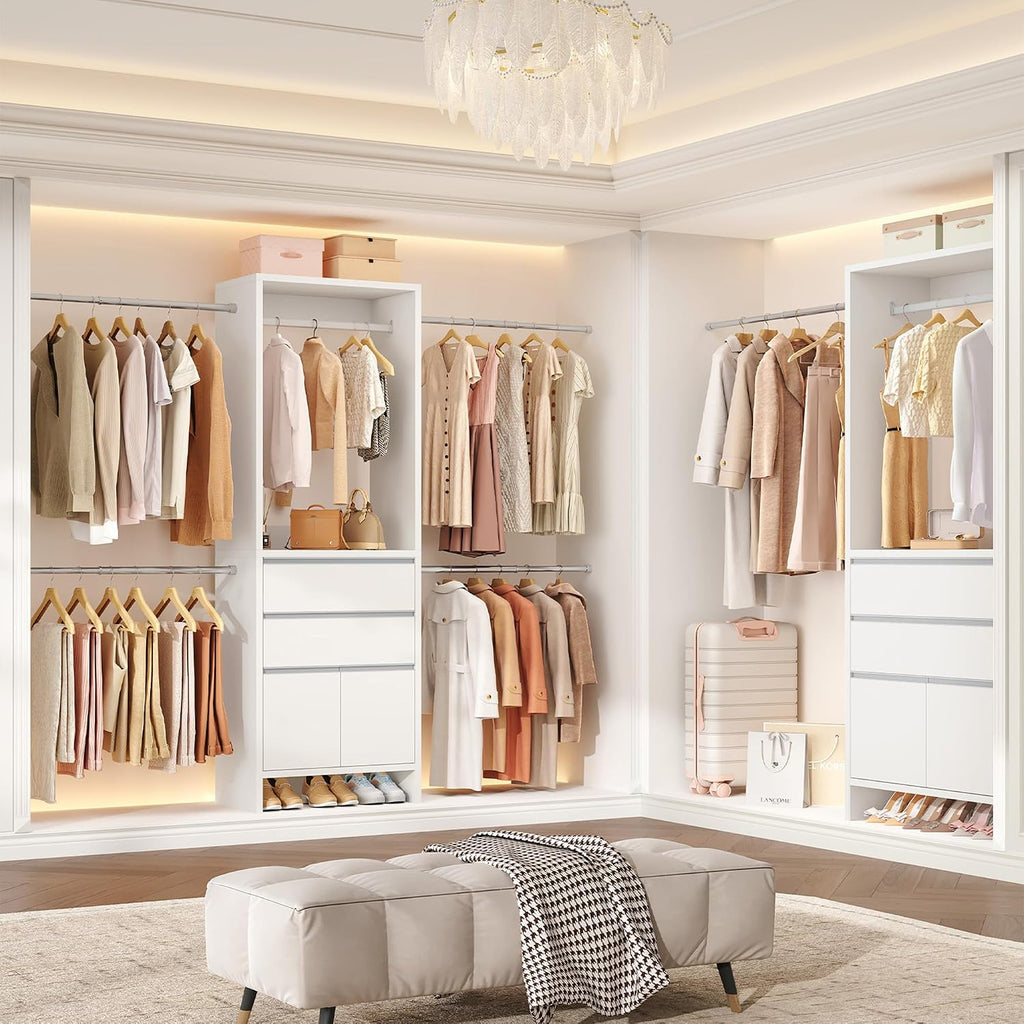 Hzuaneri Closet System with 2 Drawers, Walk-in Closet Organizer System Wooden Storage Systems with 4 Hang Rods & Shoe Cabinet, Fits Spaces 4-9.8FT, Wardrobe Clothes Rack Garment Rack, White MC00103E