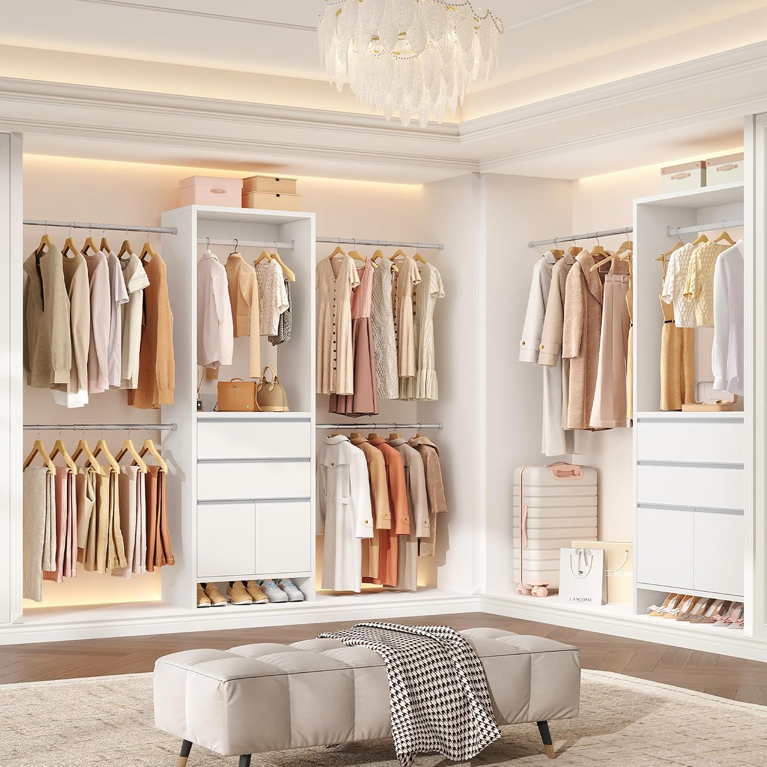 Hzuaneri Closet System with 2 Drawers, Walk-in Closet Organizer System Wooden Storage Systems with 4 Hang Rods & Shoe Cabinet, Fits Spaces 4-9.8FT, Wardrobe Clothes Rack Garment Rack, White MC00103E