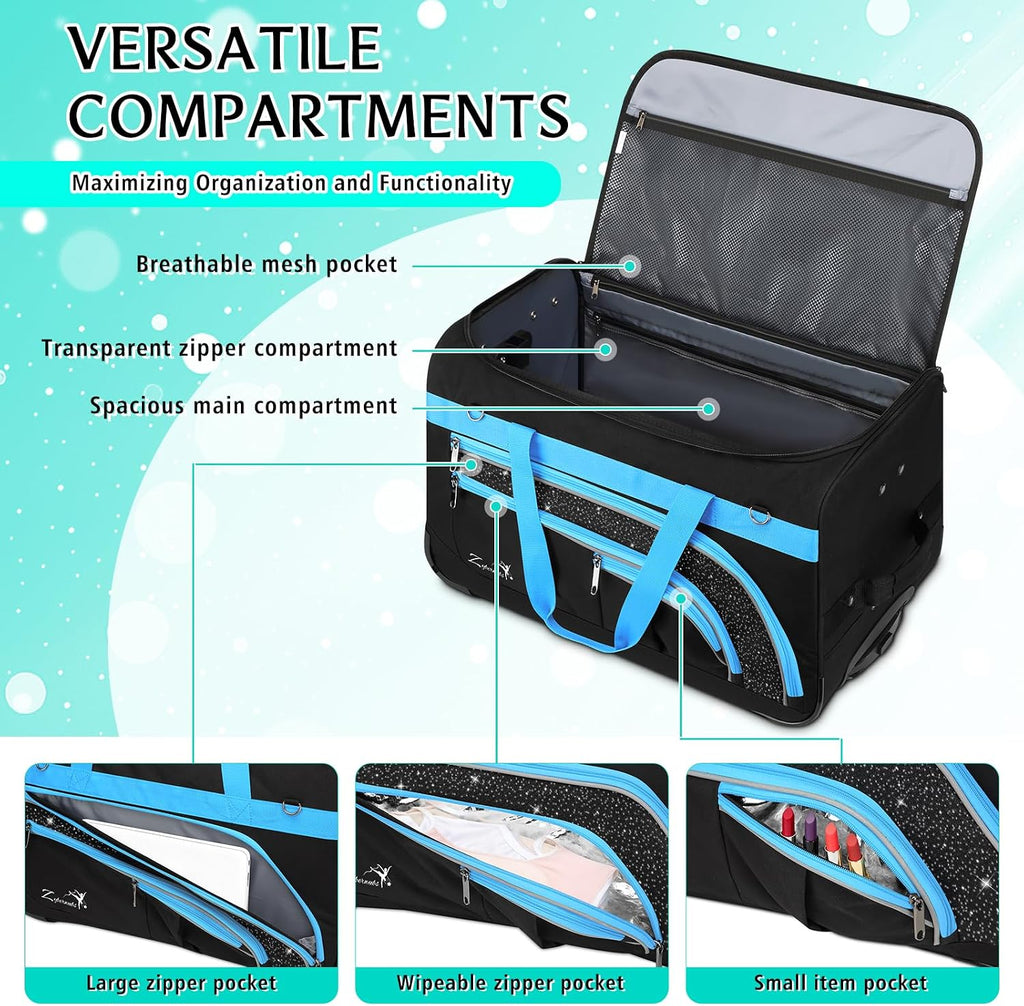 Dance Bag with Garment Rack - 28 Inch Professional Dance Competition Duffle Bag with Rack - Wheeled Dance Suitcase with Multiple Pockets for Dancers, Athlete, Travelers, and Livestreamer