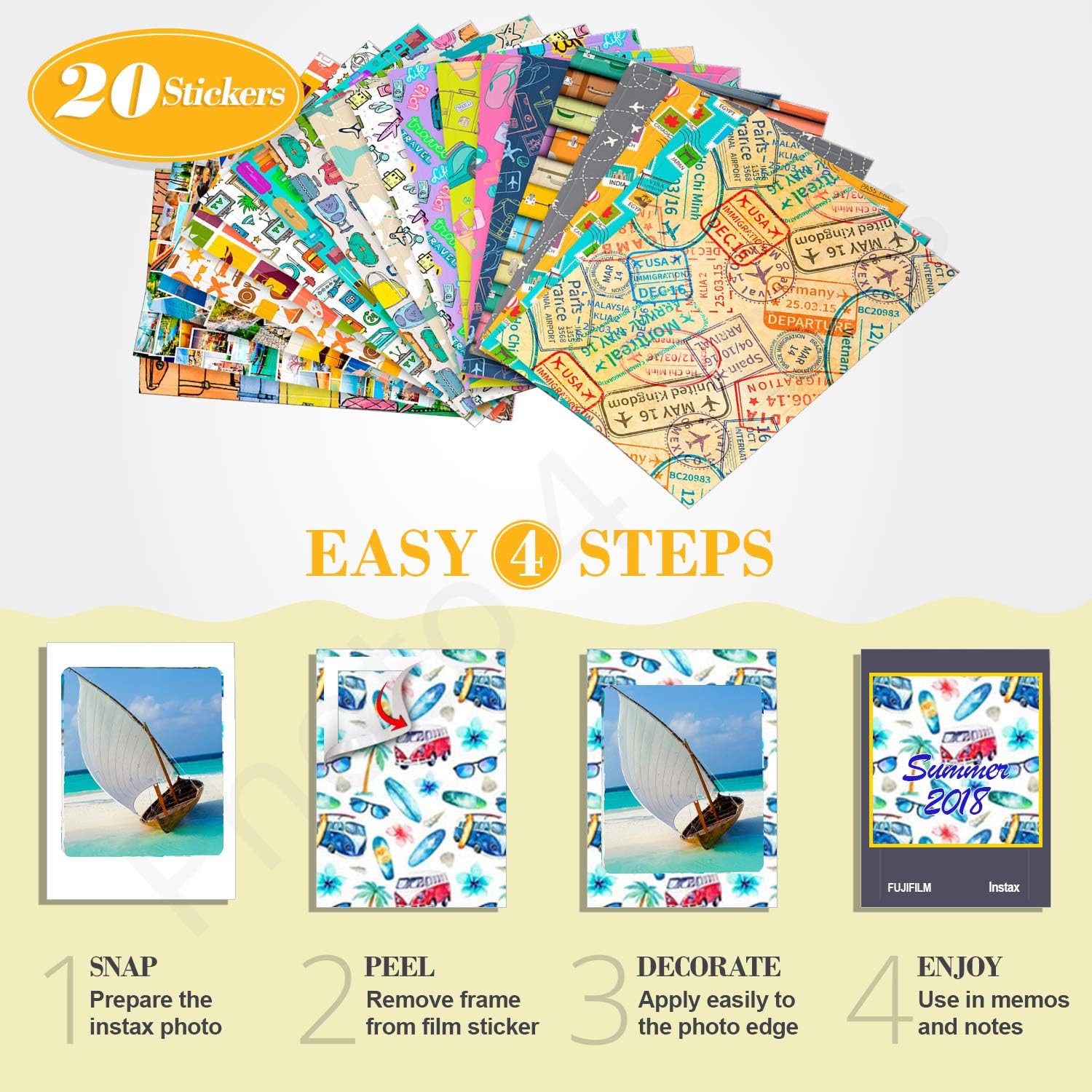 4X Fujifilm instax mini Instant Film (80 Exposures) Bundle with 20 Sticker Frames for Fuji Instax Prints Travel Package