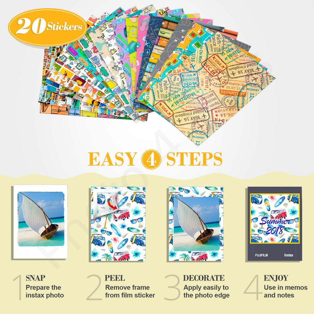 5X Fujifilm instax Mini Instant Film (100 Exposures) + 20 Sticker Frames for Fuji Instax Prints Travel Package