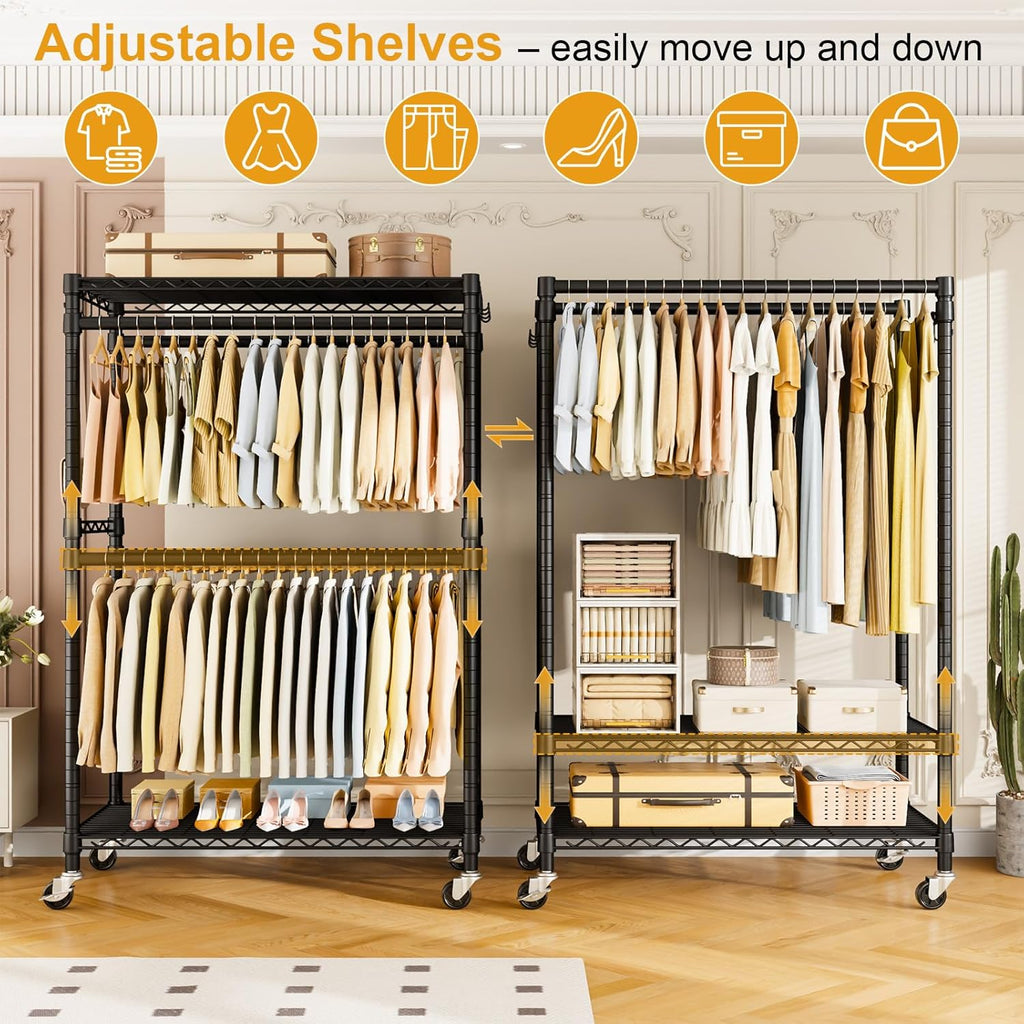 ULIFHOME P4 Plus & P7 Rolling Clothes Rack Heavy Duty, Clothing Racks for Hanging Clothes, Free Standing Garment Racks with Wheels, Portable Closet Rack 45''W × 20.5''D × 80.5''H, Black