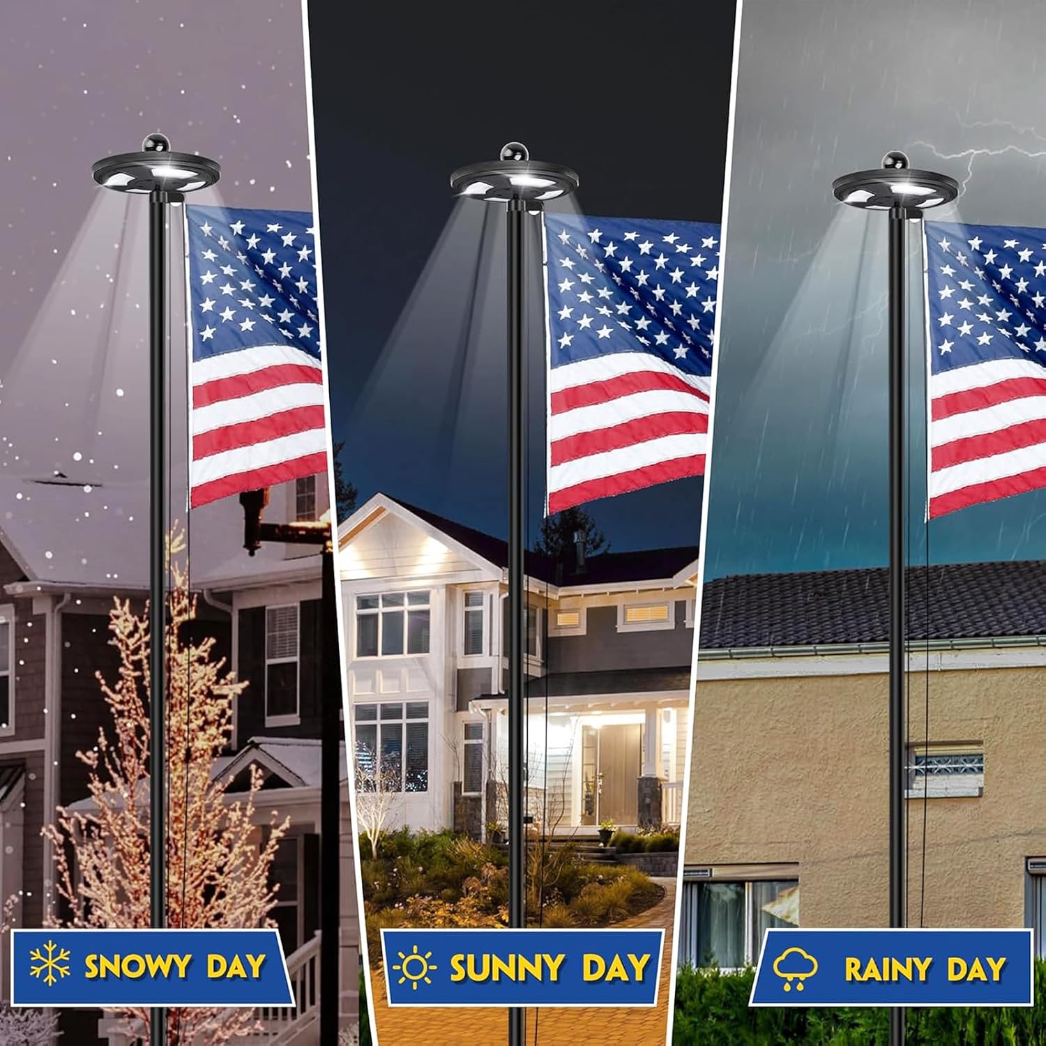 25FT Black Heavy Duty Flag Pole Kit with Solar Light & 3x5 Ft American Flag | Wind resistant 12 gauge aluminum flies no tangle 3x5 US flag, with 128 LED solar light for 10H continuous shining