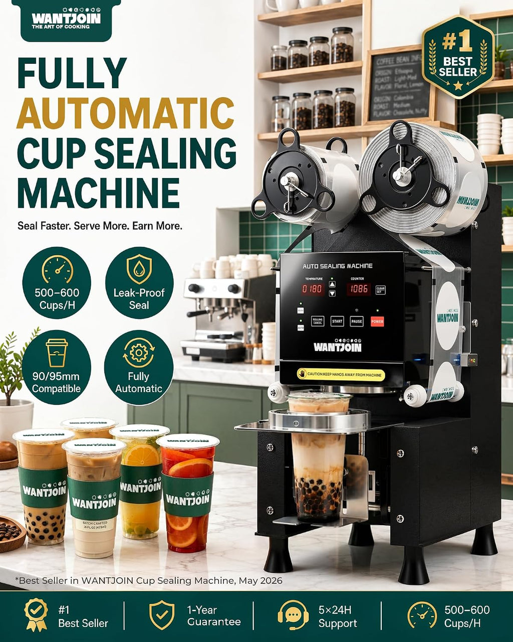 WantJoin Cup Sealing Machine Full Automatic Cup Sealer Machine 90/95mm Electric Cup Sealing Machine 500-600 Cups/H Digital Control LCD Panel Cup Sealer for Bubble Milk Tea Coffee Black