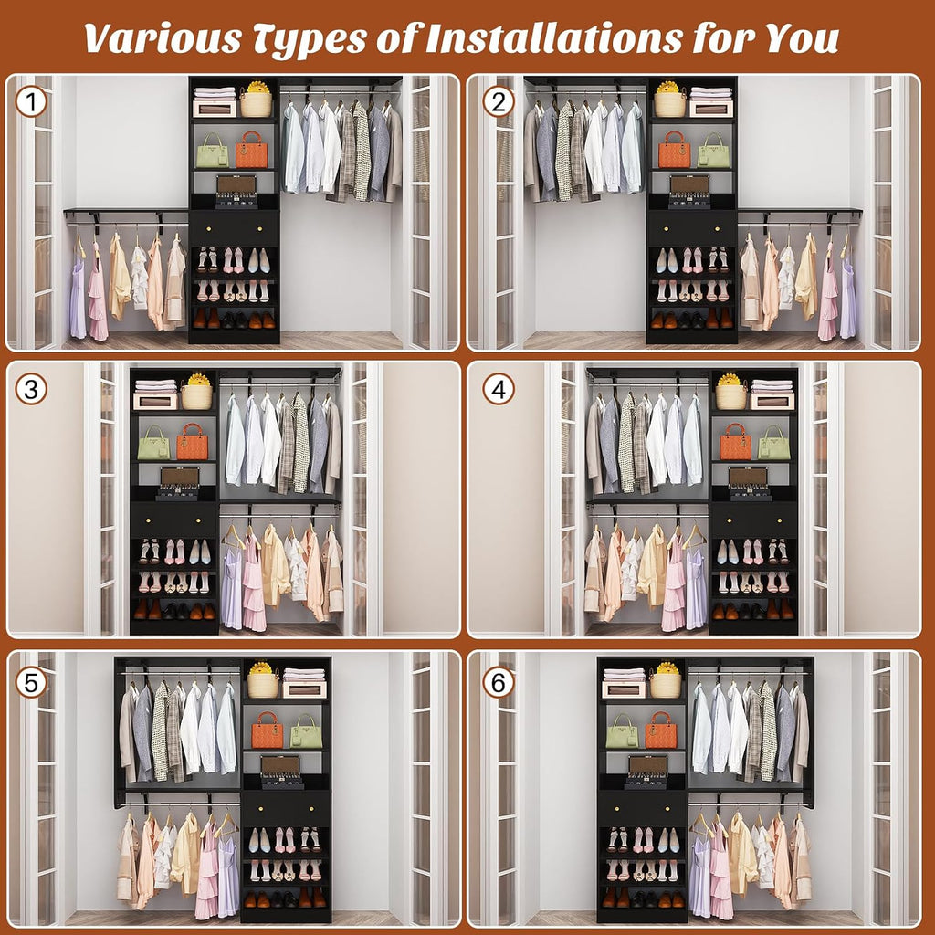 Closet System with Drawer - Reversible 5FT Wood Closet Organizer System with 2 Hanging Rods and Adjustable Shelf, Walk In Closet Organizers with Shoe Rack, Built-In Garment Rack Clothes Rack, Black