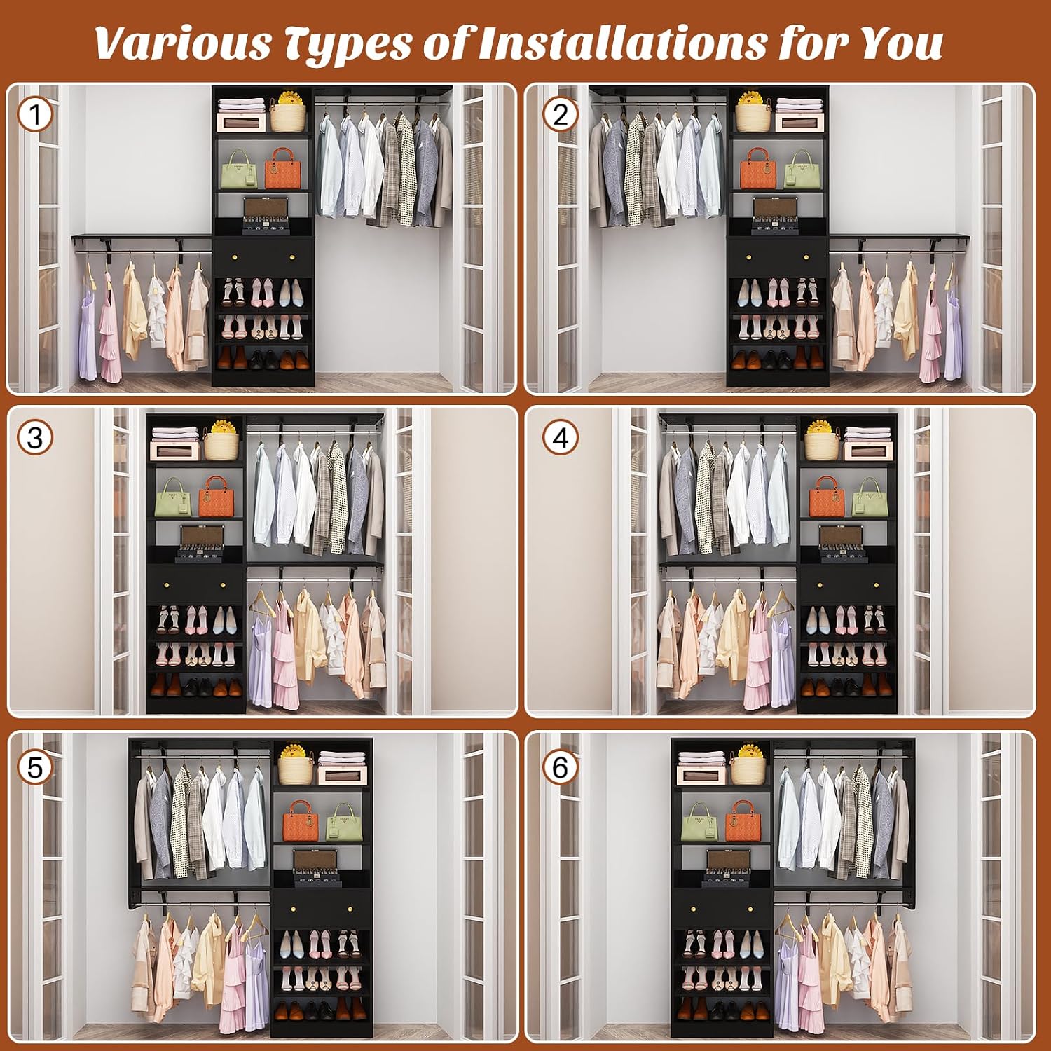 Closet System with Drawer - Reversible 5FT Wood Closet Organizer System with 2 Hanging Rods and Adjustable Shelf, Walk In Closet Organizers with Shoe Rack, Built-In Garment Rack Clothes Rack, Black