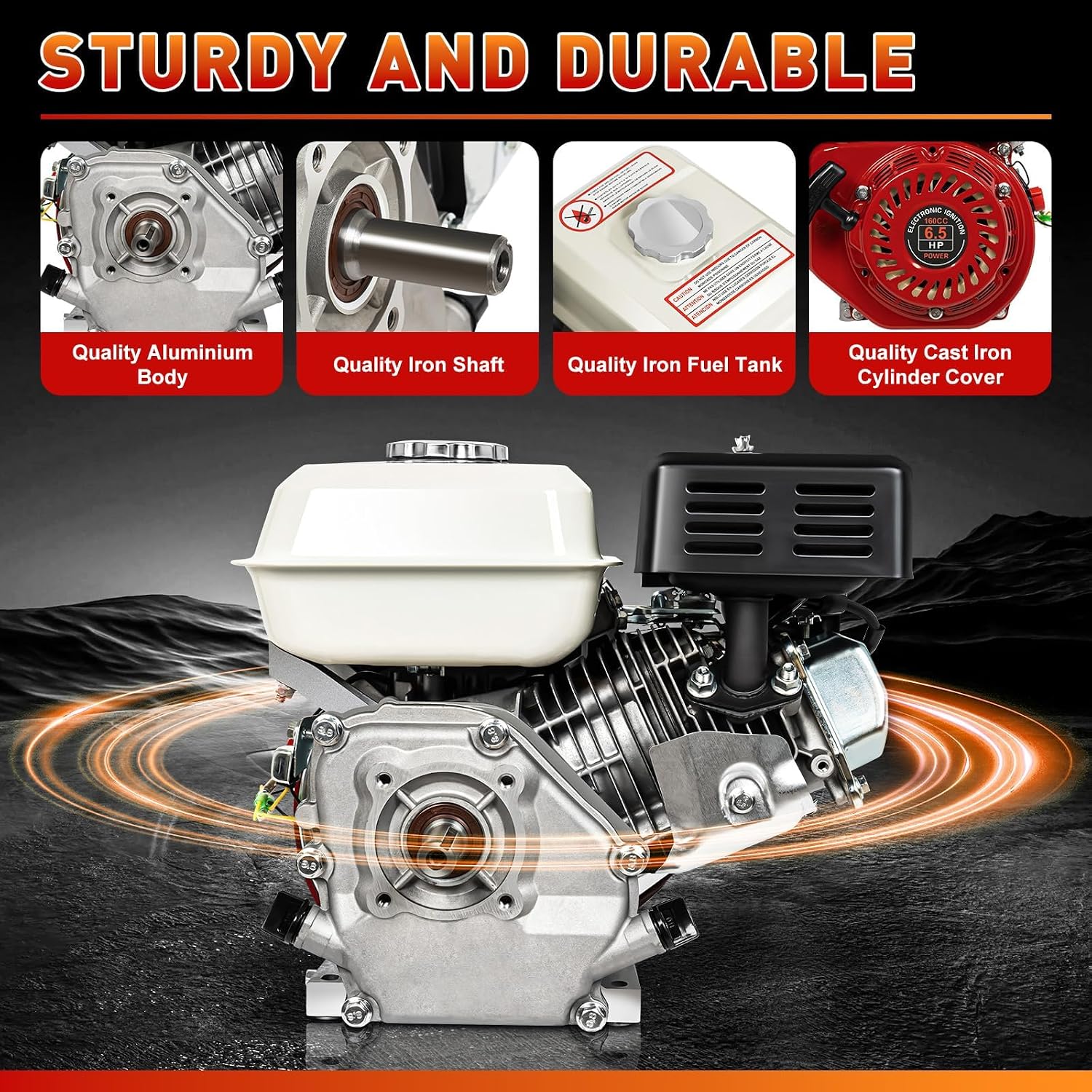 4-Stroke Gas Engine, Multi-Use Engine Gas Powered, Portable Gas Engine Motor with Air Cooling Pull Start, Home Back Up, Industrial Grade Outdoor Power Equipment, 160cc, 6.5HP (4-Stroke 6.5HP Red)