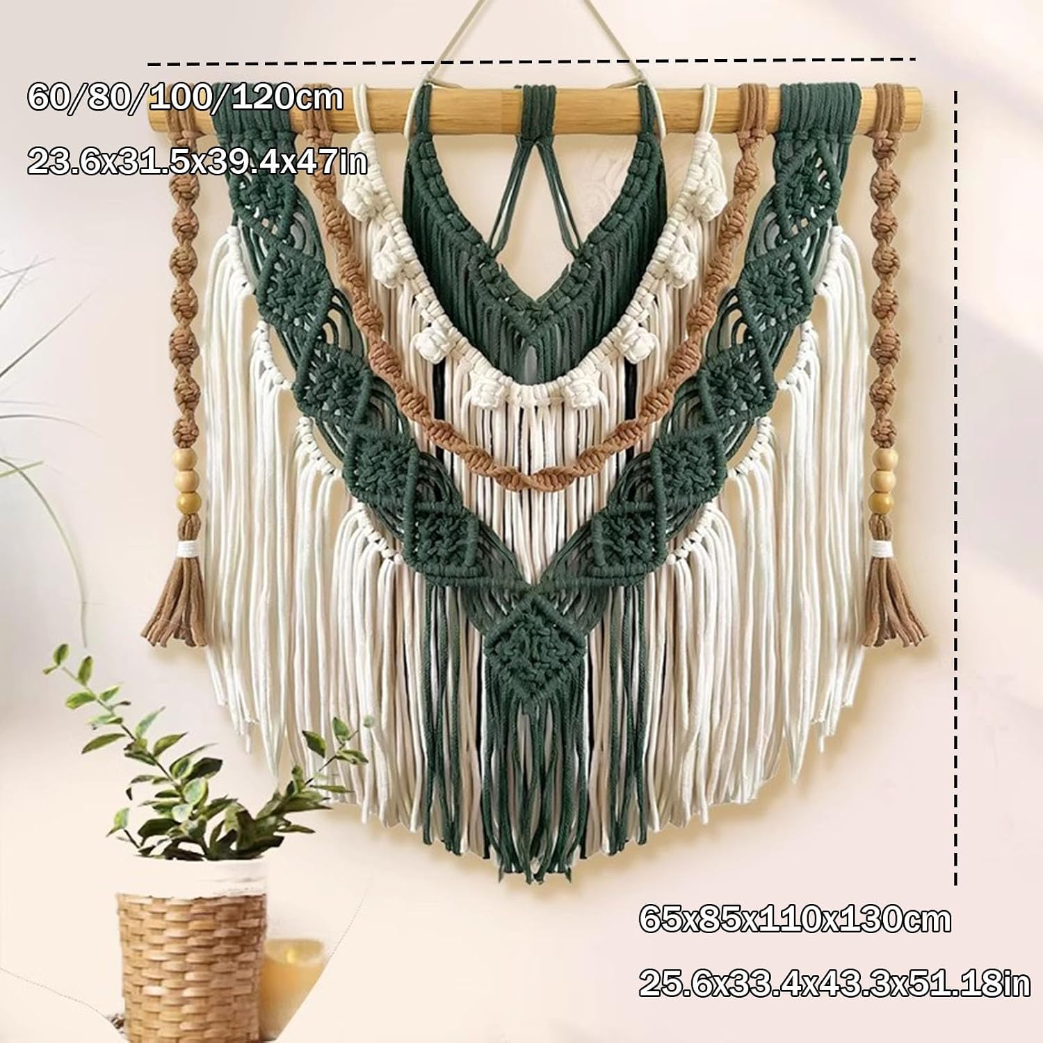 Macrame Wall Hanging Boho Macrame Wall Hanging – Handwoven Green & Cream Cotton Tapestry with Wooden Dowel, Art Decor for Living Room, Bedroo(80x85cm/31.5x33.4in)