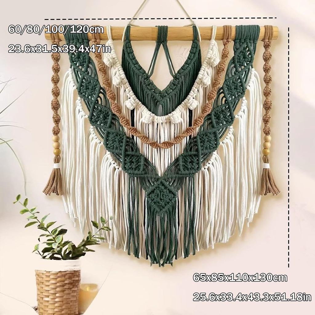 Macrame Wall Hanging Boho Macrame Wall Hanging – Handwoven Green & Cream Cotton Tapestry with Wooden Dowel, Art Decor for Living Room, Bedroo(100x110cm/39.4x43.3in)