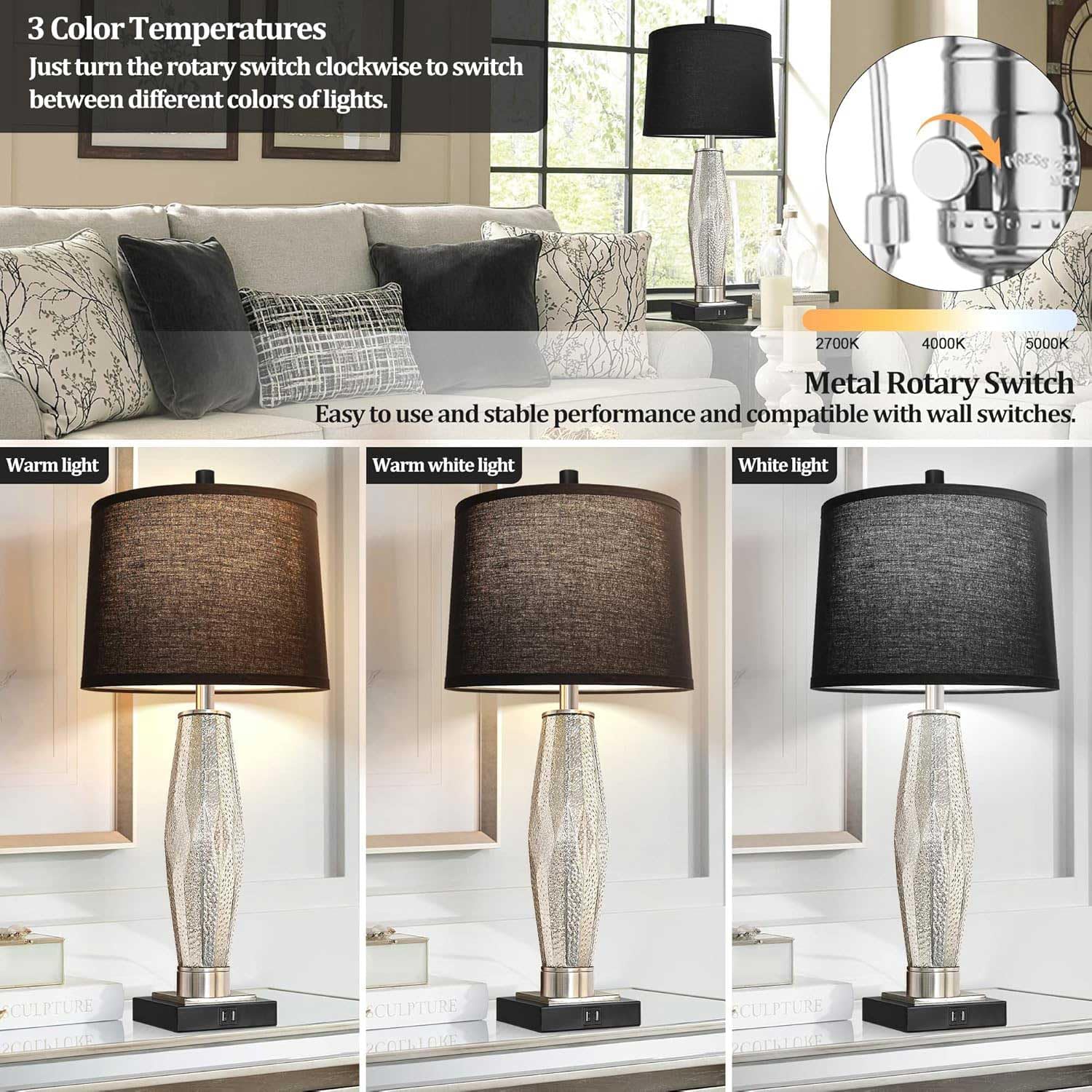 Table Lamps Set of 2, Modern Bedroom Lamps with USB A+C Charging Ports, 3-Color Temperature Bedside Lamps with LED Bulbs, Glass & Metal Nightstand Lamps with Black Fabric Shade for Living Room