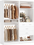Unikito 50' Closet System with 4 Drawers, 4.2FT Wood Closet Organizer with Hanging Rods and Mirror, Reversible Small Walk in Closet Wardrobe, Adjustable Sturdy Clothes Garment Rack, Set of 2, White