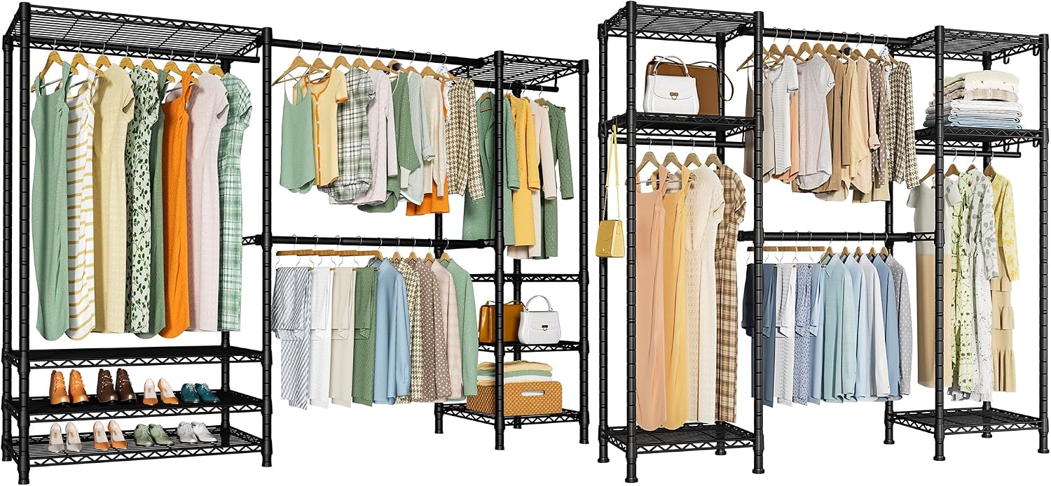 Ulif E11 and E7 Garment Rack Bundle, Metal Freestanding Clothes Rack and Closet Storage Organizer System with Shelves and Expandable Hanger Rods, Closet System Wardrobe for Hanging Clothing