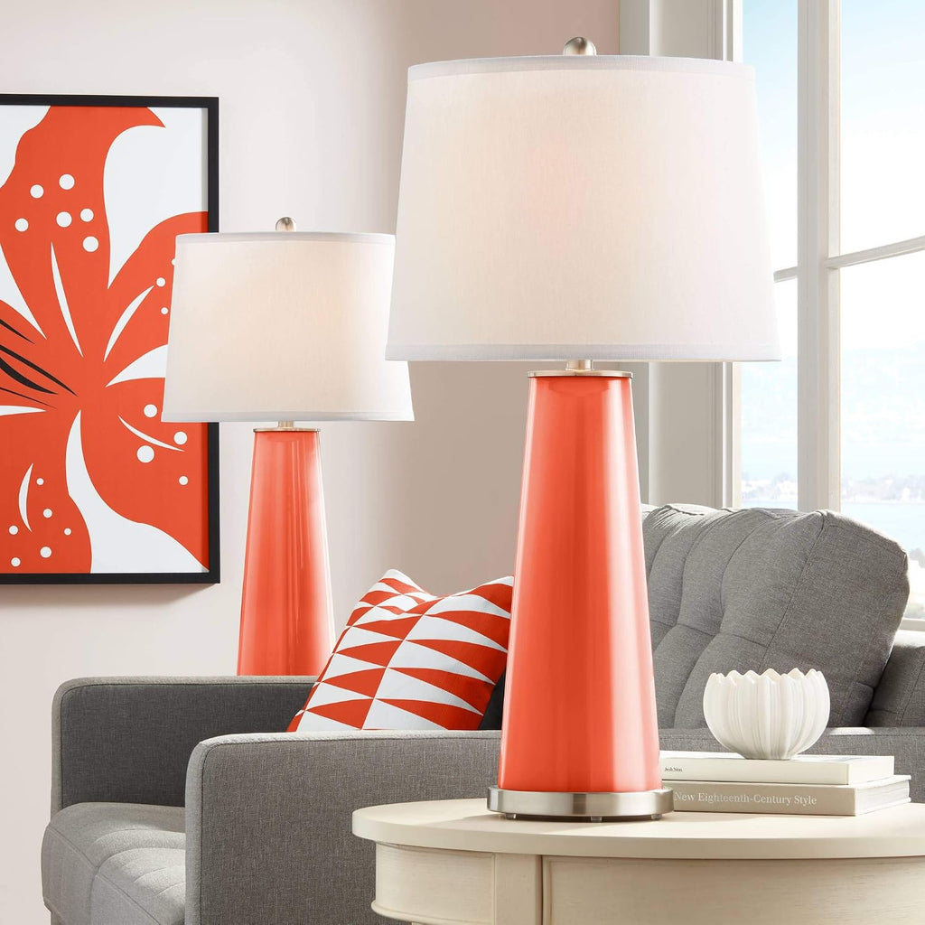 Color + Plus Leo 29 1/2' Tall Modern End Table Lamps Set of 2 Daredevil Orange Finish Glass Fabric White Shade Living Room Bedroom Bedside Nightstand House Office Family Reading Kitchen Entryway