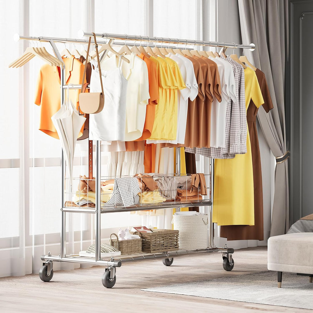 HOKEEPER Clothing Rack Heavy Duty Clothes Rack for Hanging Clothes Adjustable Clothes Rack with Metal Basket, Commercial Double Rod Garment Rack with Wheels for Bed Room Living Room Laundry