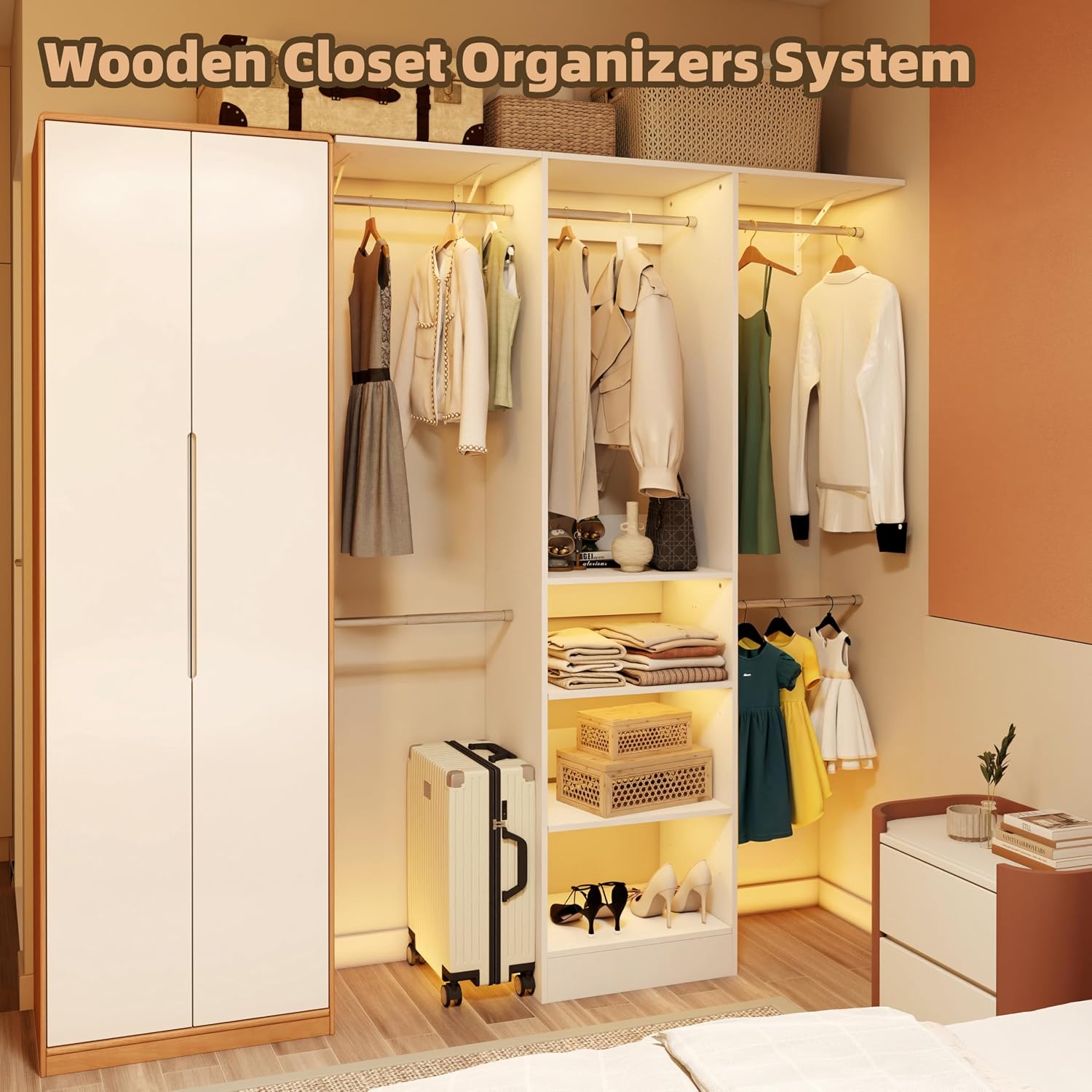 Closet System, 3Ft-5Ft Closet Organizer System With Adjustable Shelves, Walk-In Closet Storage System With 5 Expandable Hanging Rods, Adjustable Cloth Garment Rack from 3 to 5FT, White