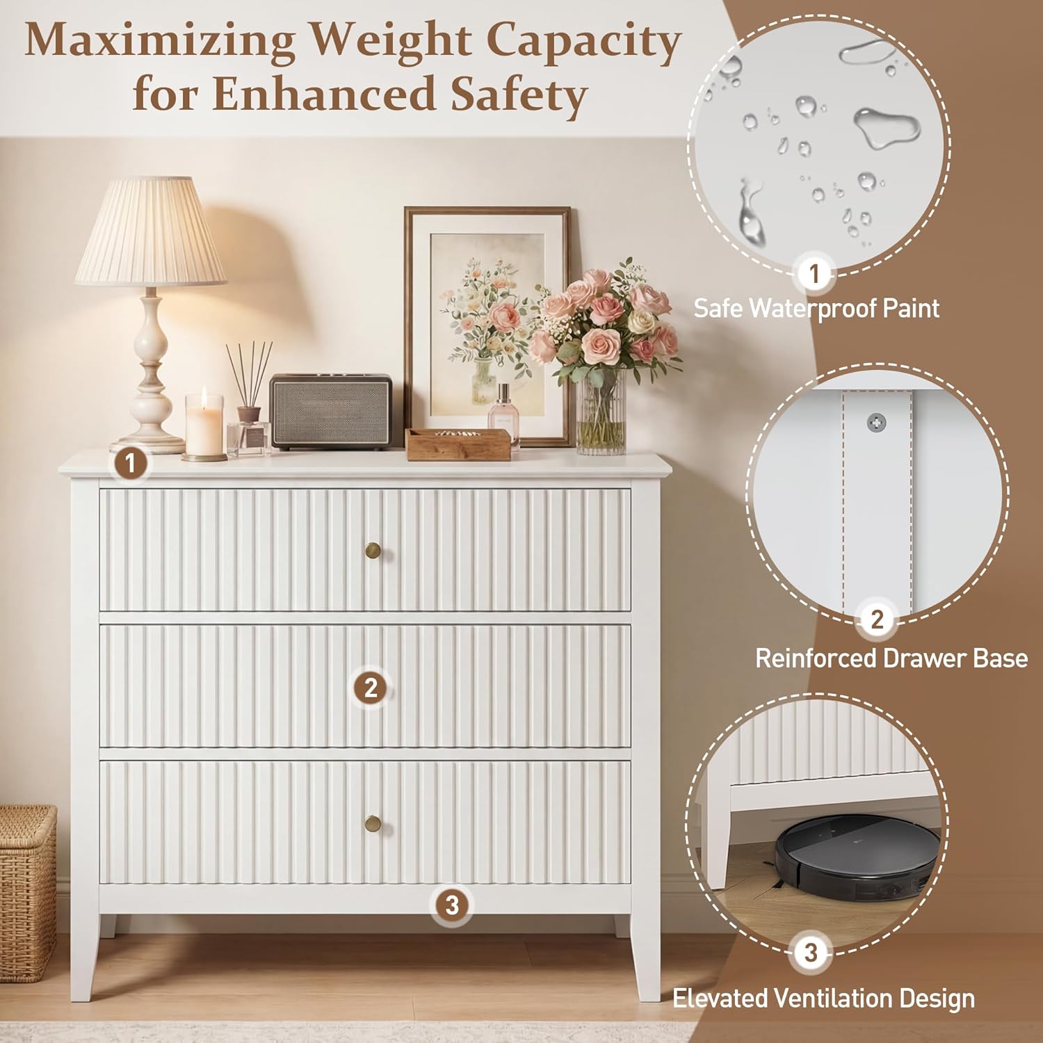 RoyalCraft 32' Large Nightstand Set of 2, Fluted Painted Bedside Table with 3 Spacious Drawers, Modern Tall End Table for Bedroom, White