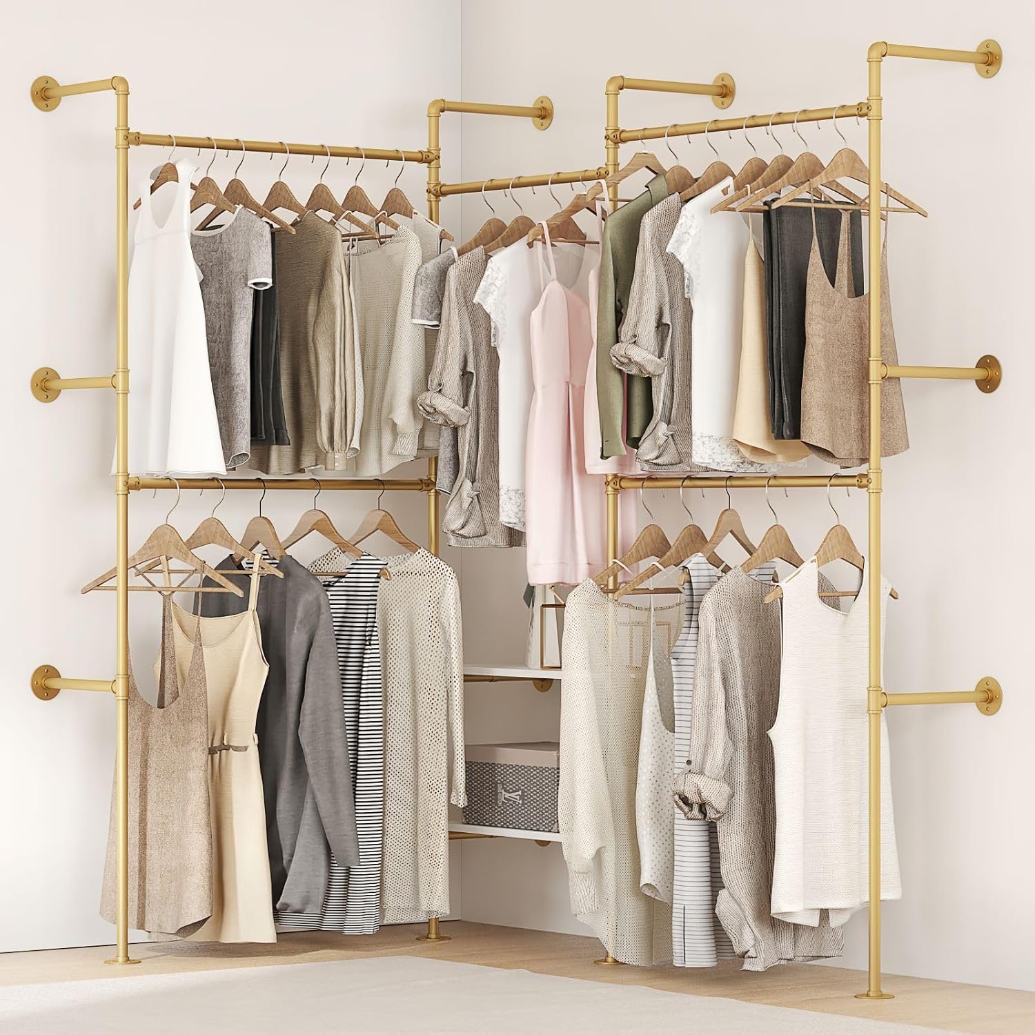Industrial Pipe Clothes Rack,Wall Mounted Closet Wardrobe Rack, Corner L Shaped Walk-in Closet System, 2 Installation Methods (Gold, 80' H x 86' W)