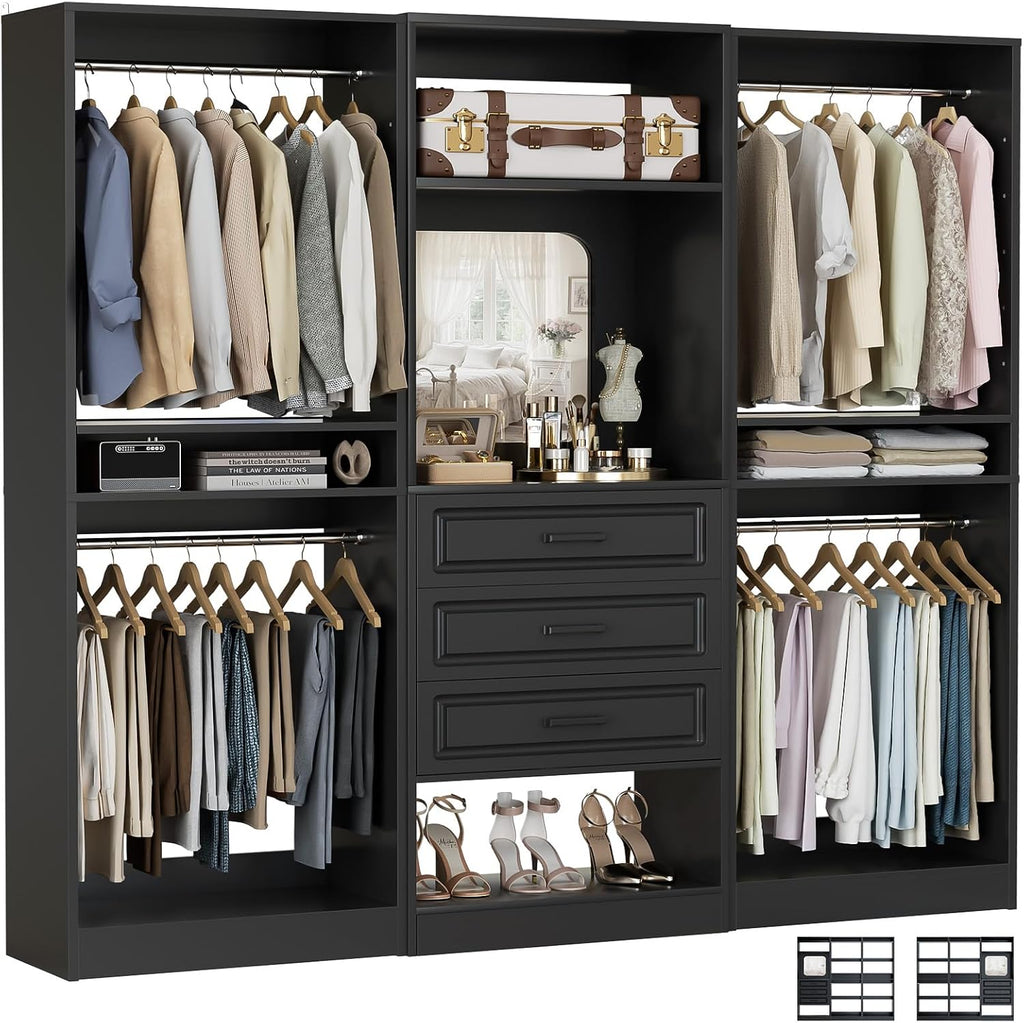 Unikito Modular Closet System with 3 Sets, 75'Closet Organizer System with Drawers, Mirror, Hanging Rods and Adjustable Shelves, Freestanding Wood Wardrobe Garment Rack, Walk in Closet Tower, Black