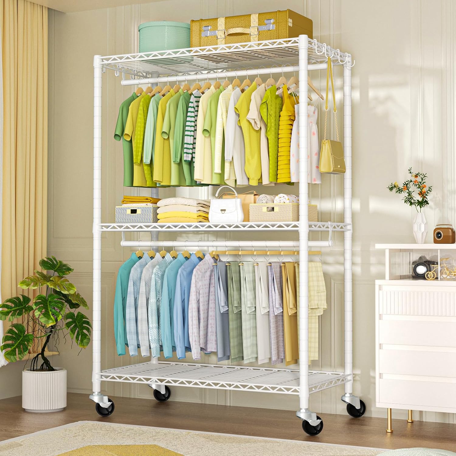 FUTASSI P3 Plus & P6 Mini Rolling Clothes Rack White Bundle, Clothing Racks for Hanging Clothes, Freestanding Garment Rack with Wheels