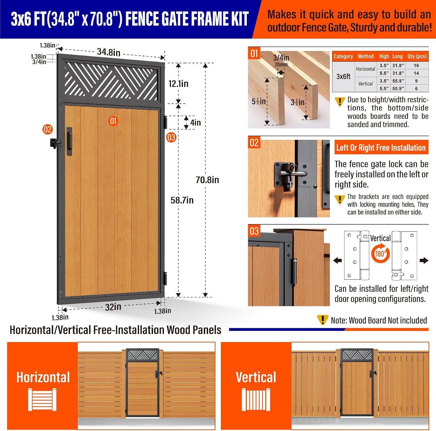 3x6FT (34.8' W X 70.8' H) 201 Stainless Steel Anti Sag Wooden Fence Gate Kit Heavy Duty Garden Gate Frame Hardware Kit Reinforcement (Left/Right Free-Installation)